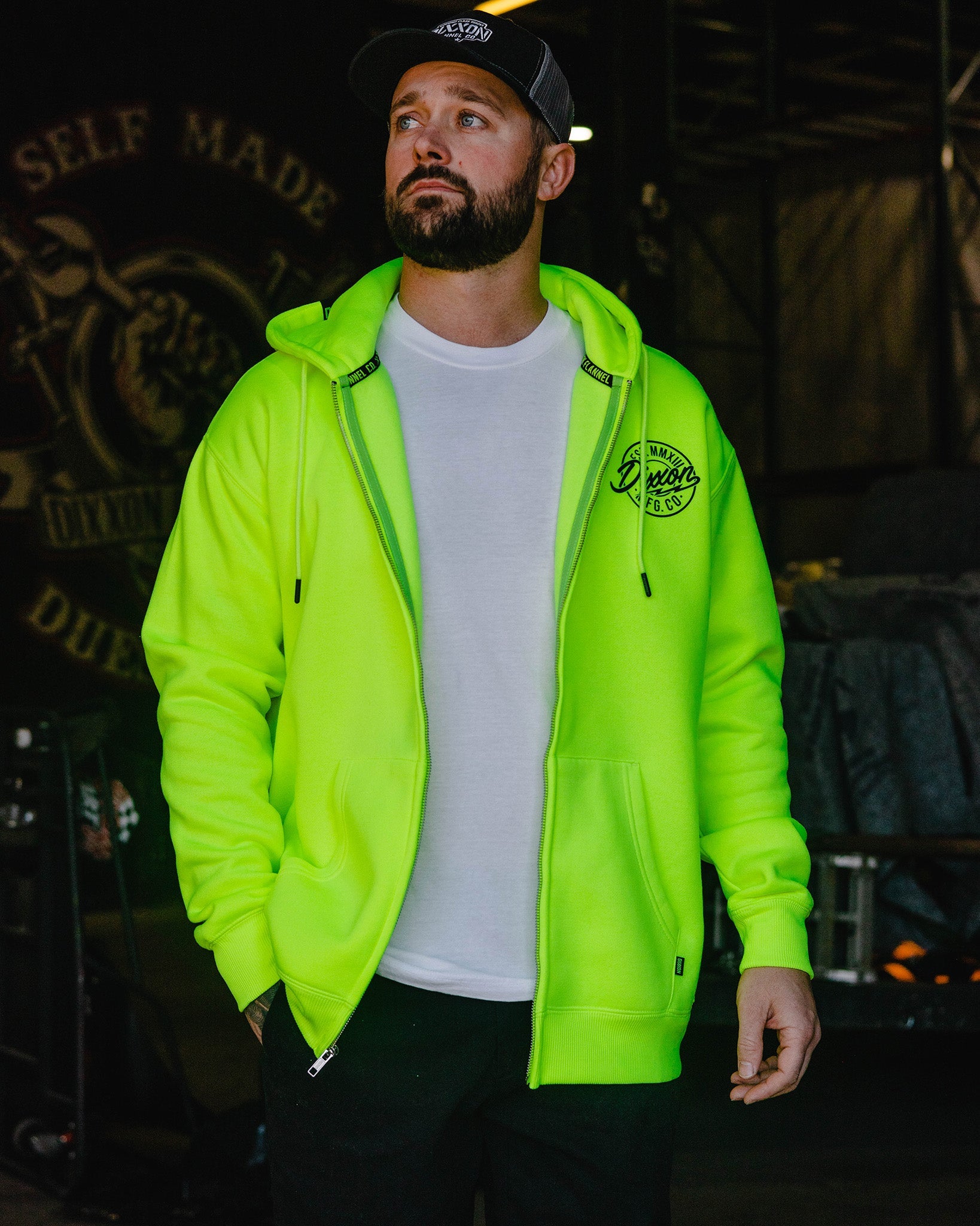 Black MFG Badge Zip Up Hoodie - Safety Yellow