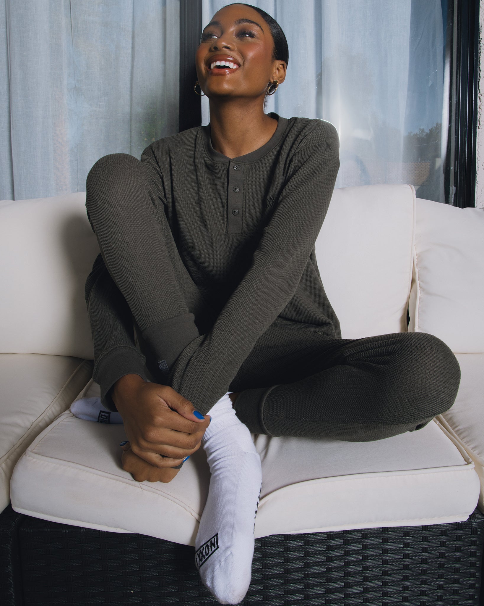 Women's Waffle Knit Long Sleeve Crop Tee - O.D. Green