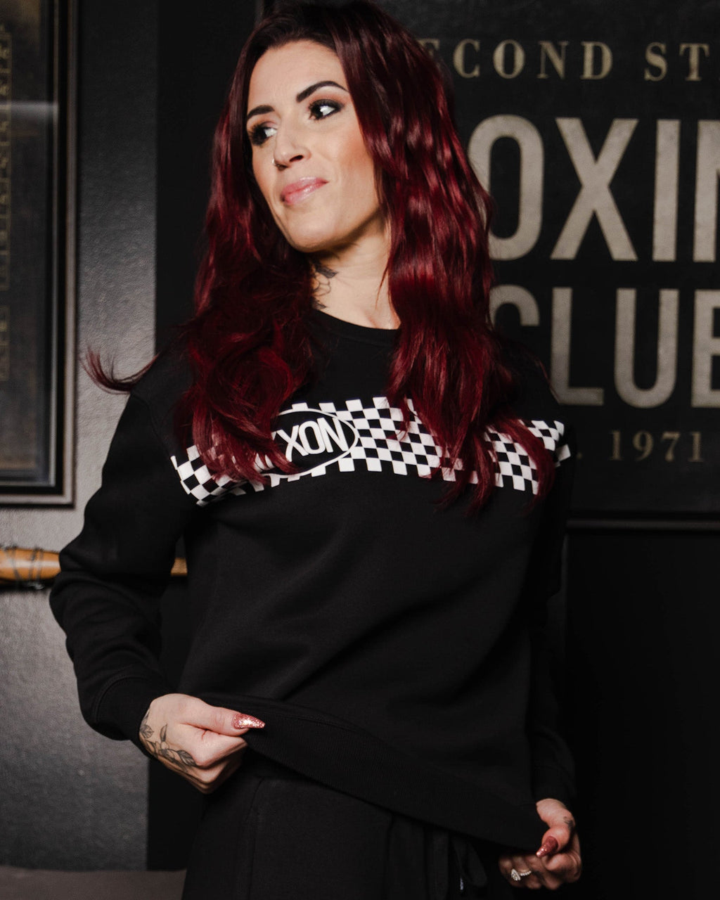 Women's White Checkers Crewneck Sweatshirt - Black