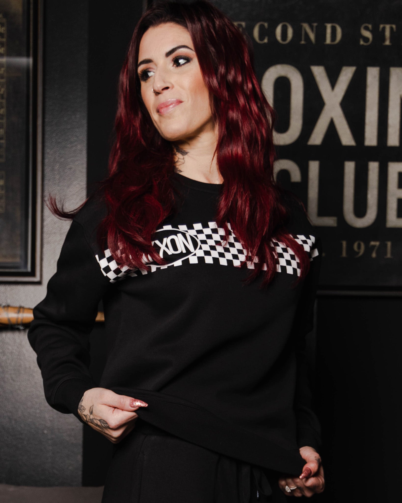 Women's White Checkers Crewneck Sweatshirt - Black