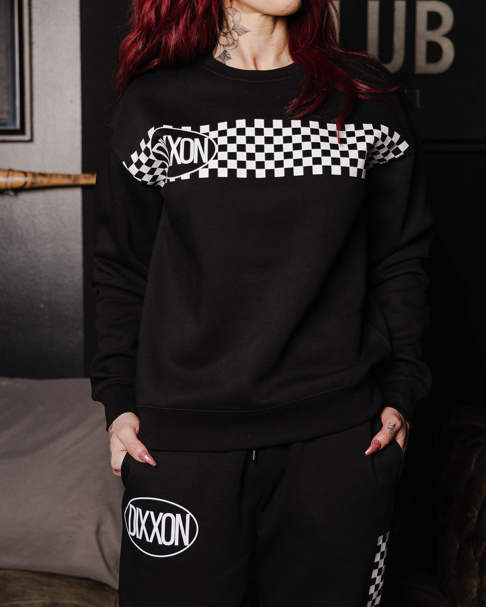 Women's White Checkers Crewneck Sweatshirt - Black