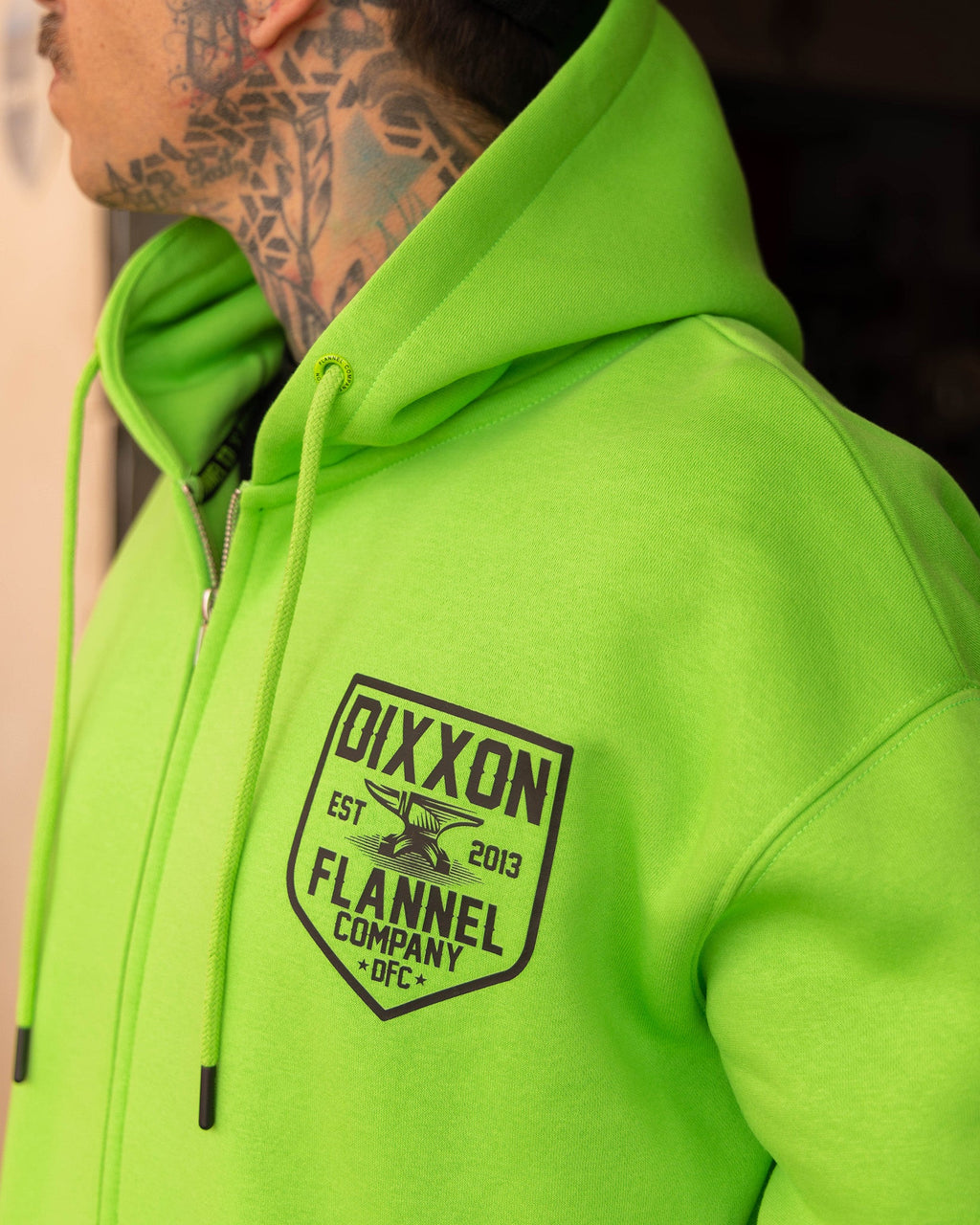 Black DFC Shield Zip Up Hoodie - Safety Green