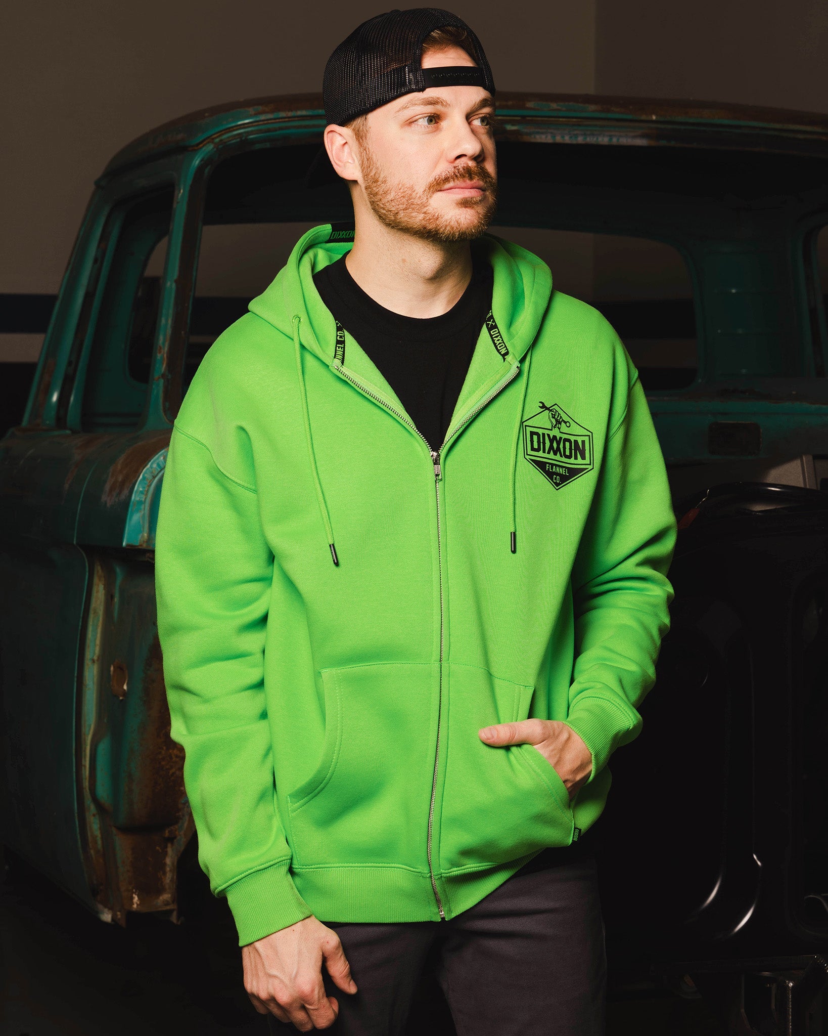 Black Working Class Logo Zip Up Hoodie - Safety Green