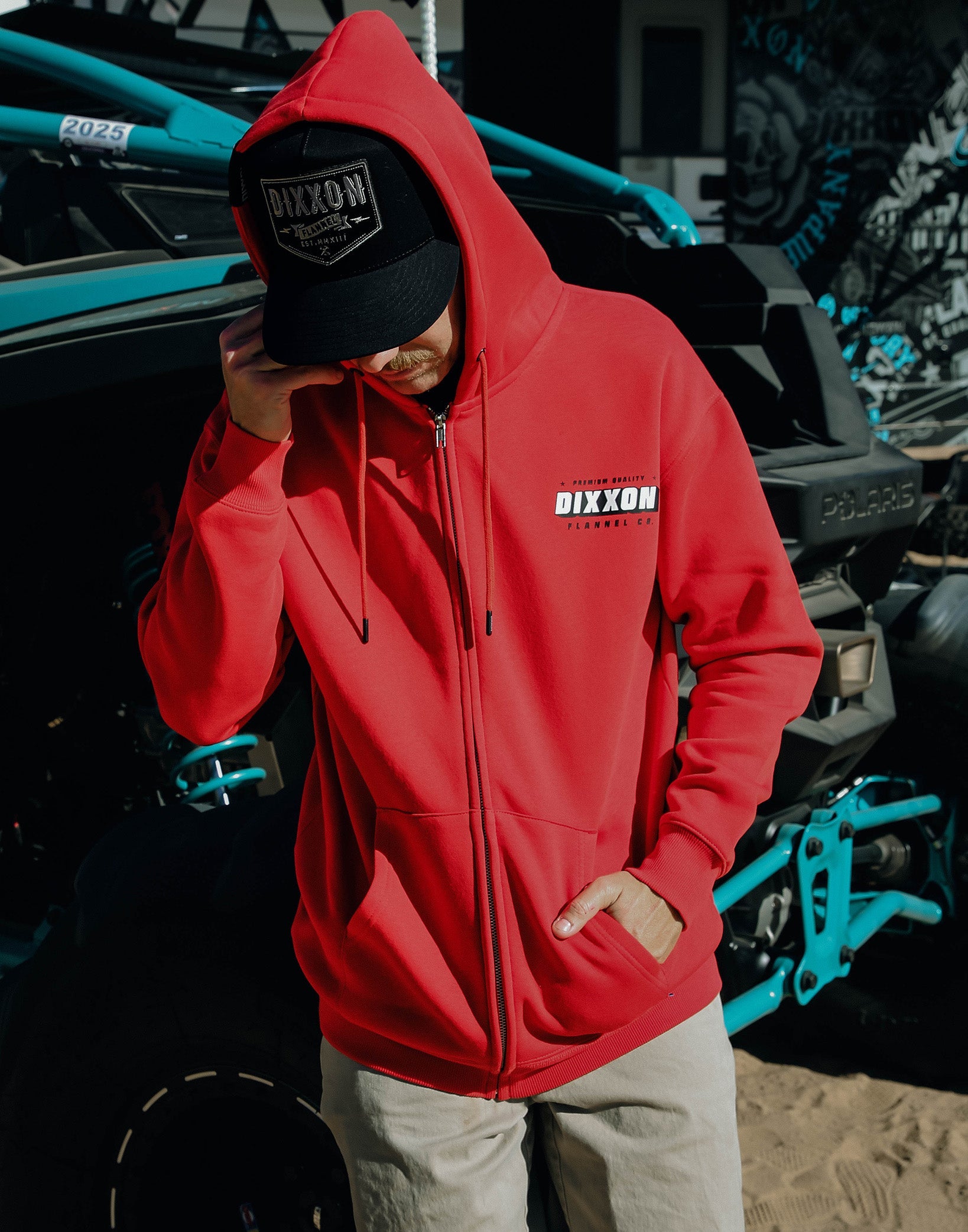 Black & White Grille Zip Up Hoodie - Red
