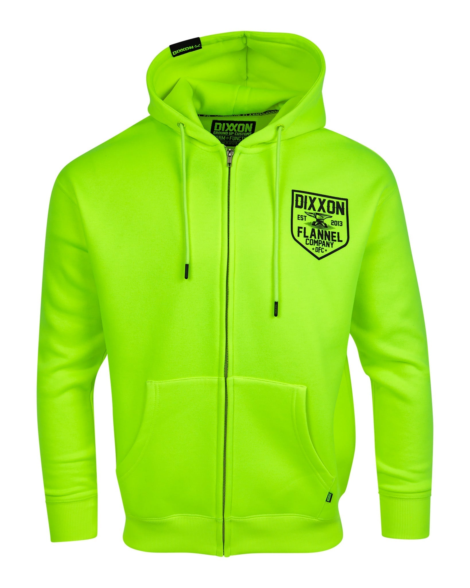Black DFC Shield Zip Up Hoodie - Safety Green