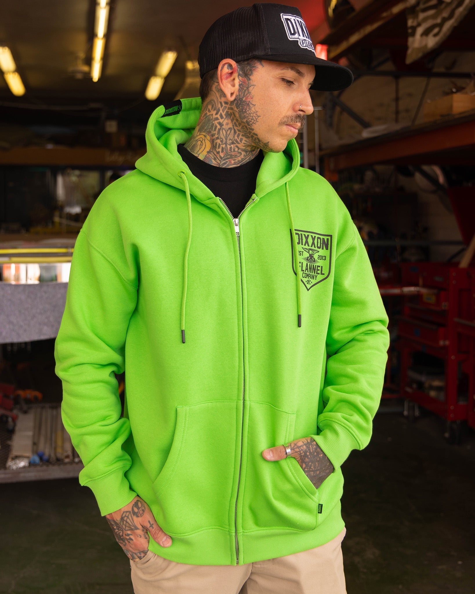 Black DFC Shield Zip Up Hoodie - Safety Green