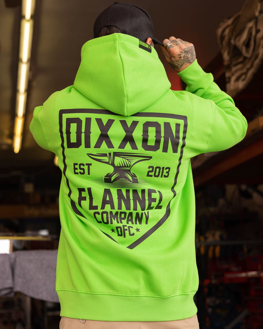 Black DFC Shield Zip Up Hoodie - Safety Green