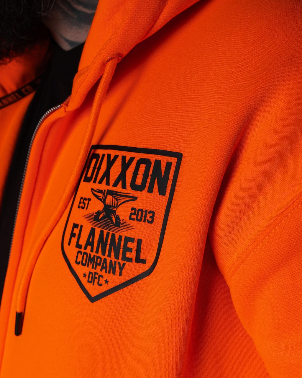 Black DFC Shield Zip Up Hoodie - Safety Orange