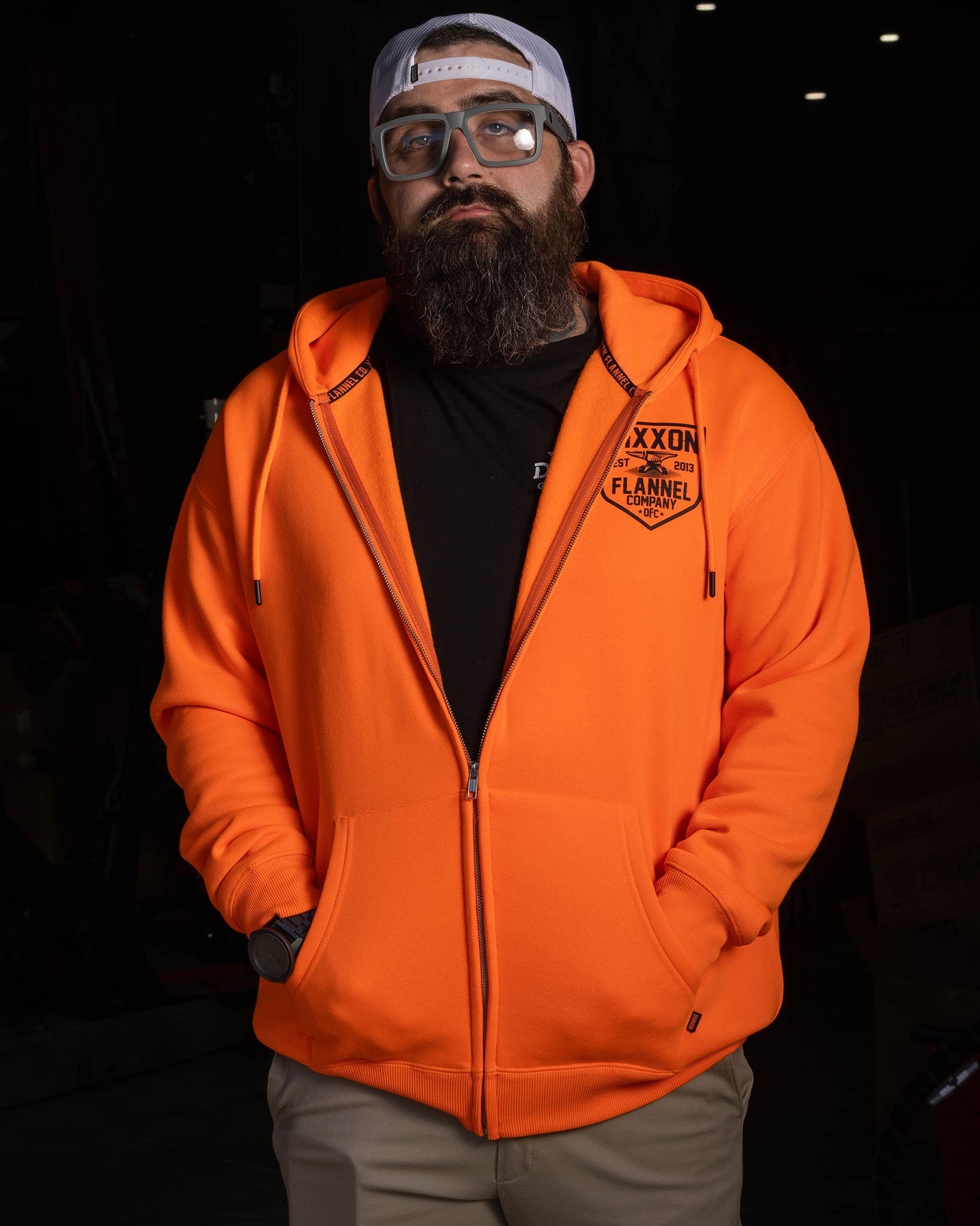 Black DFC Shield Zip Up Hoodie - Safety Orange