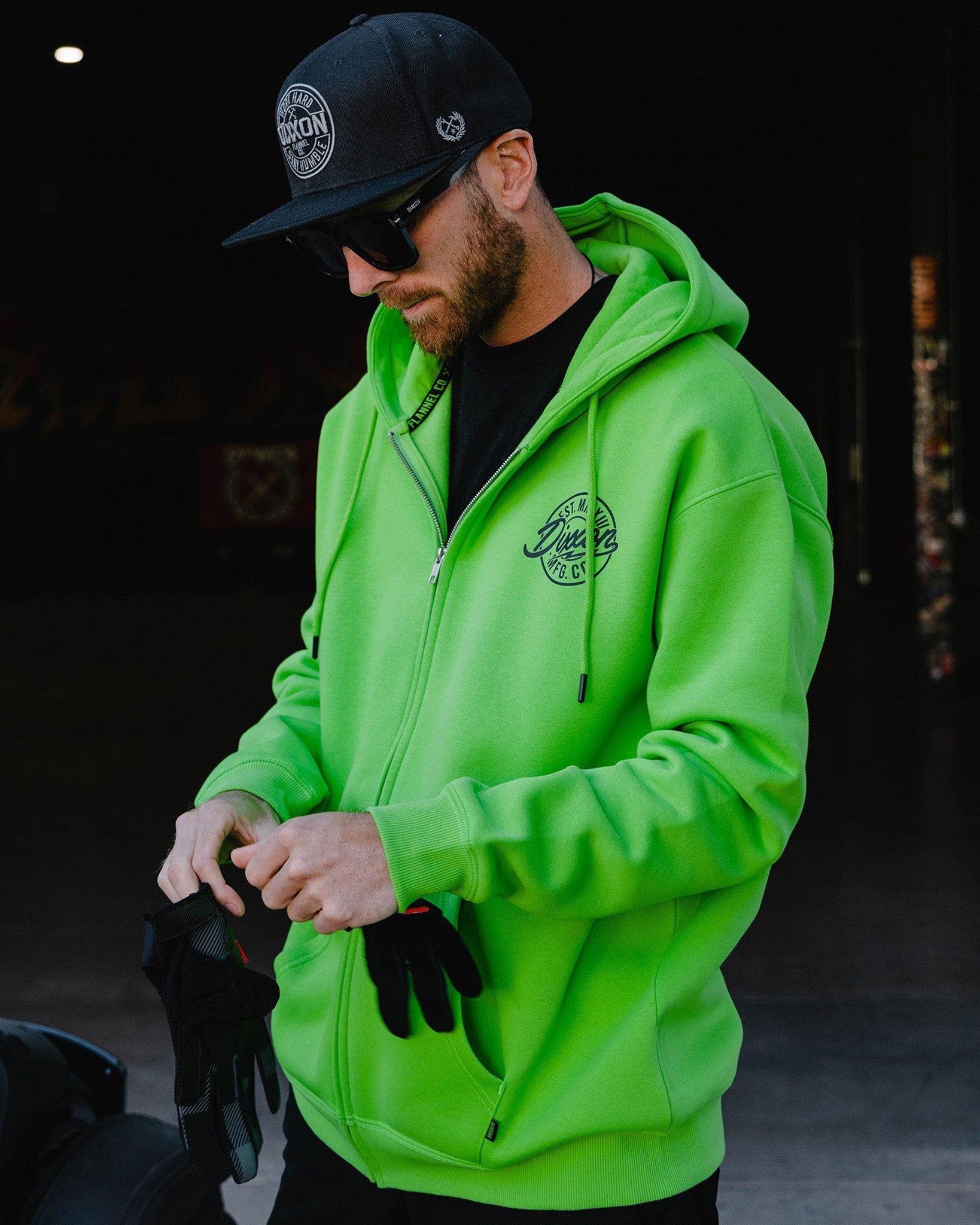 Black MFG Badge Zip Up Hoodie - Safety Green