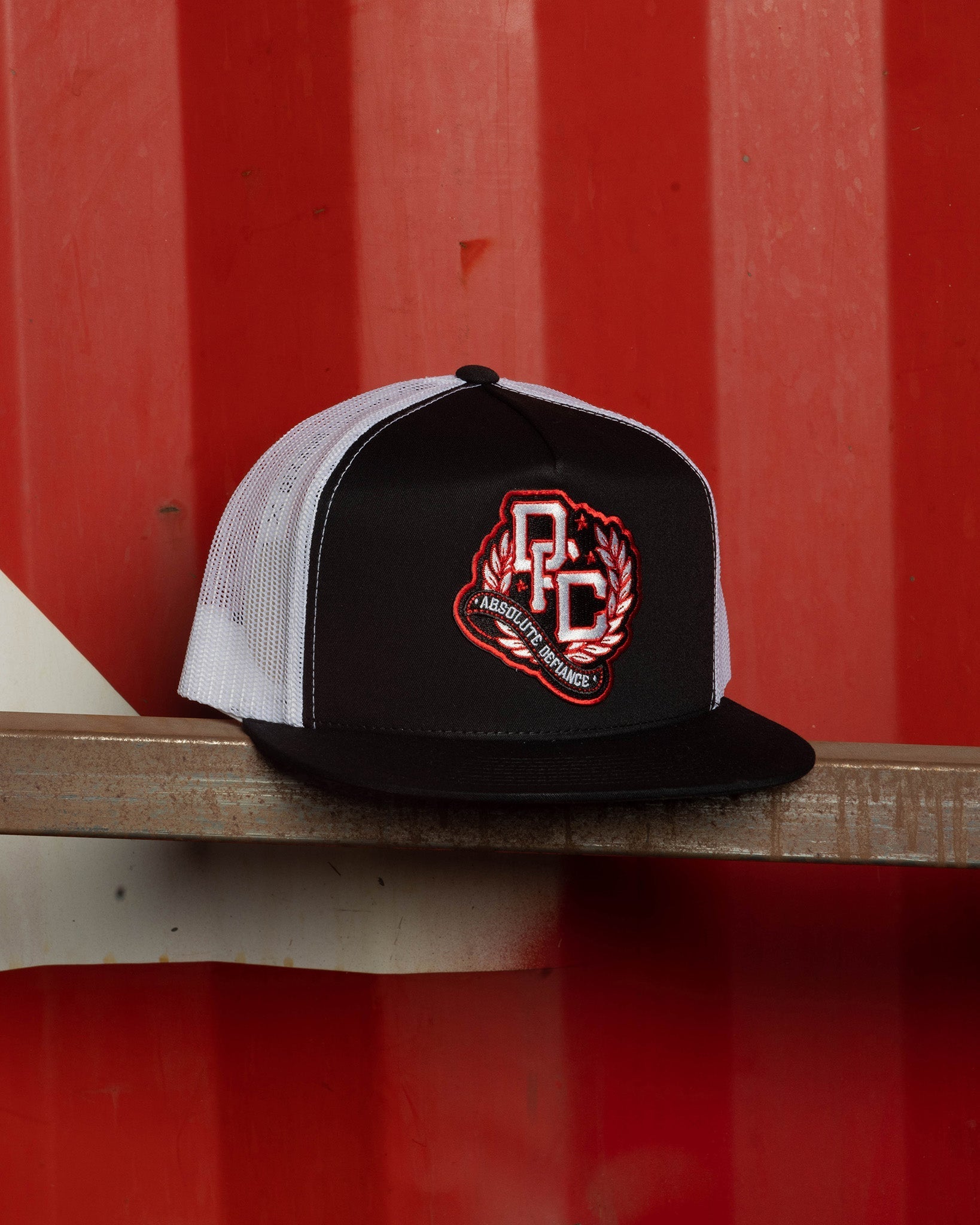 Defiance Flat Bill Trucker Snapback - Red, White, & Black