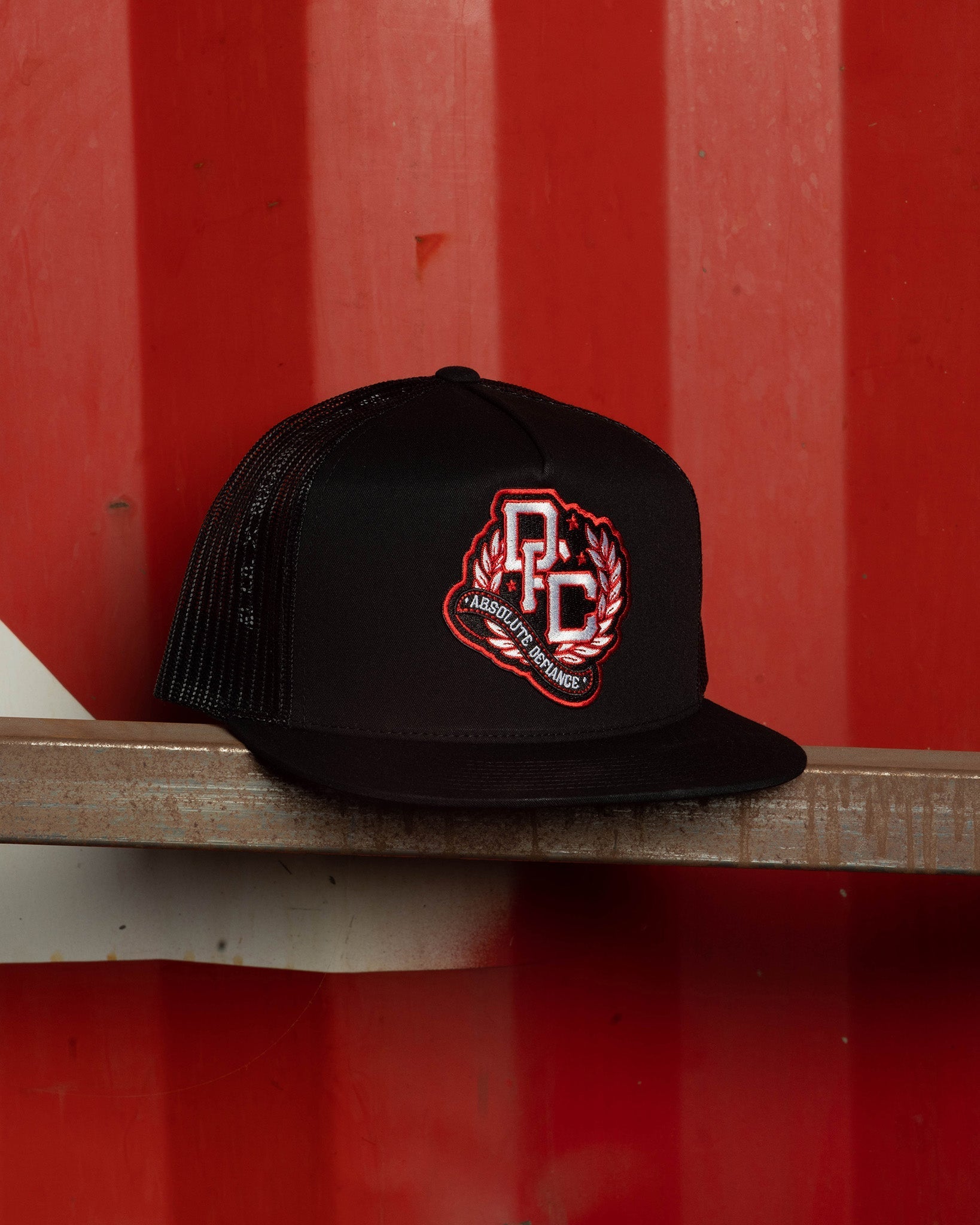 Defiance Flat Bill Trucker Snapback - Red, White, & Black