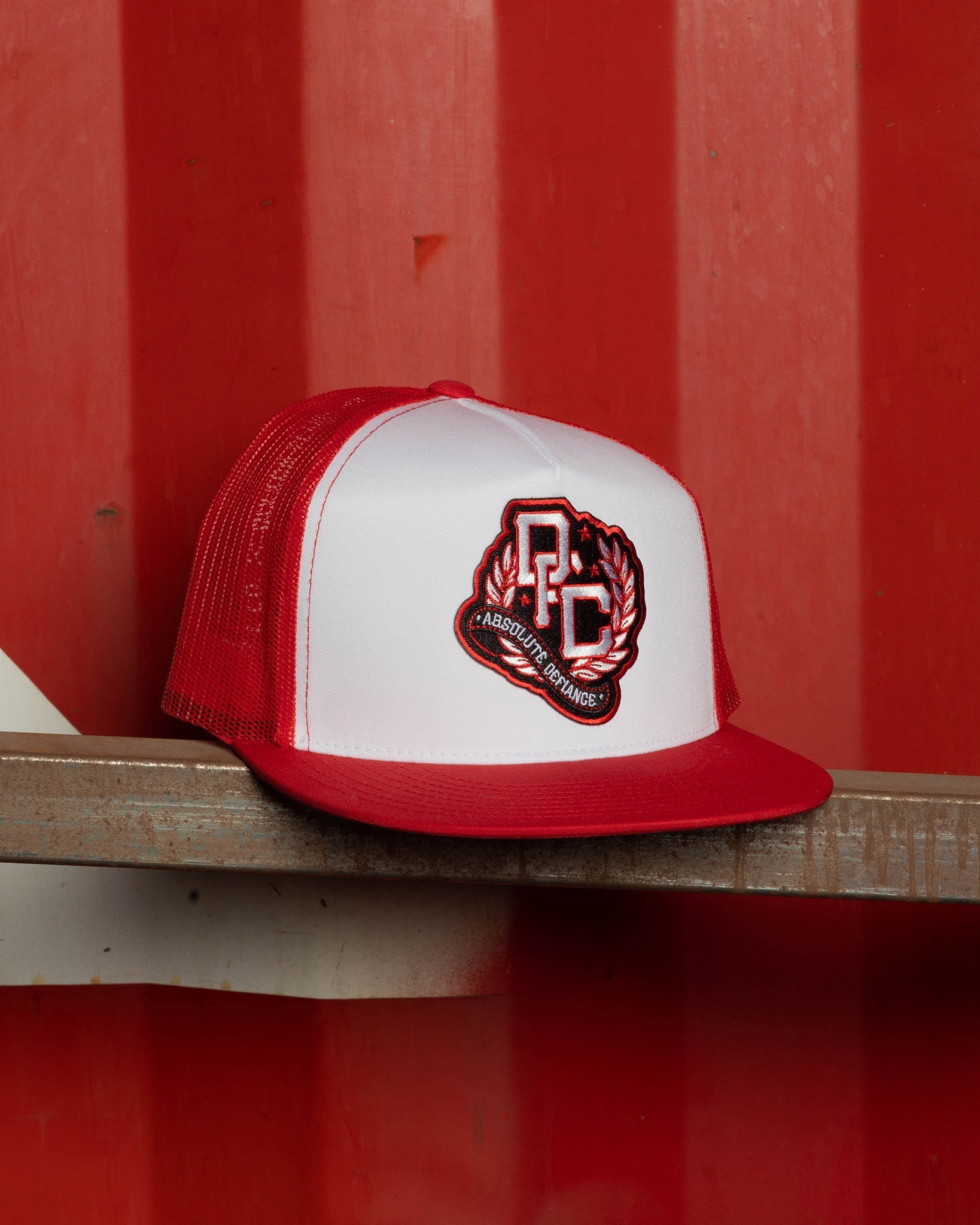 Defiance Flat Bill Trucker Snapback - Red, White, & Black