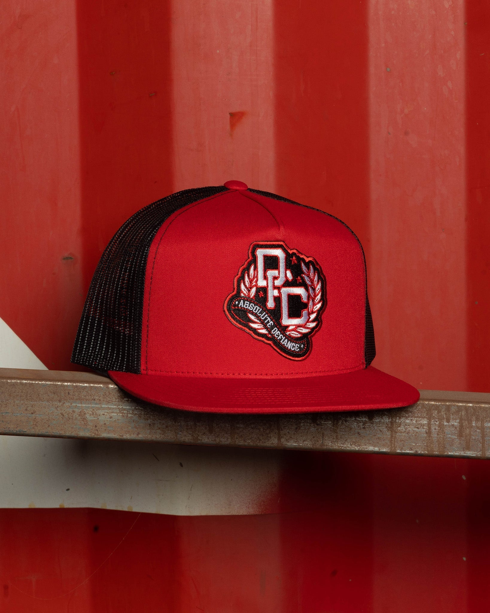 Defiance Flat Bill Trucker Snapback - Red, White, & Black