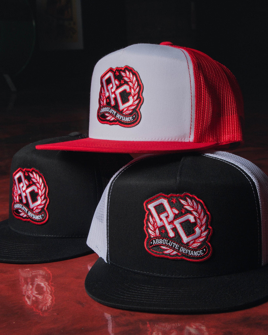 Defiance Flat Bill Trucker Snapback - Red, White, & Black