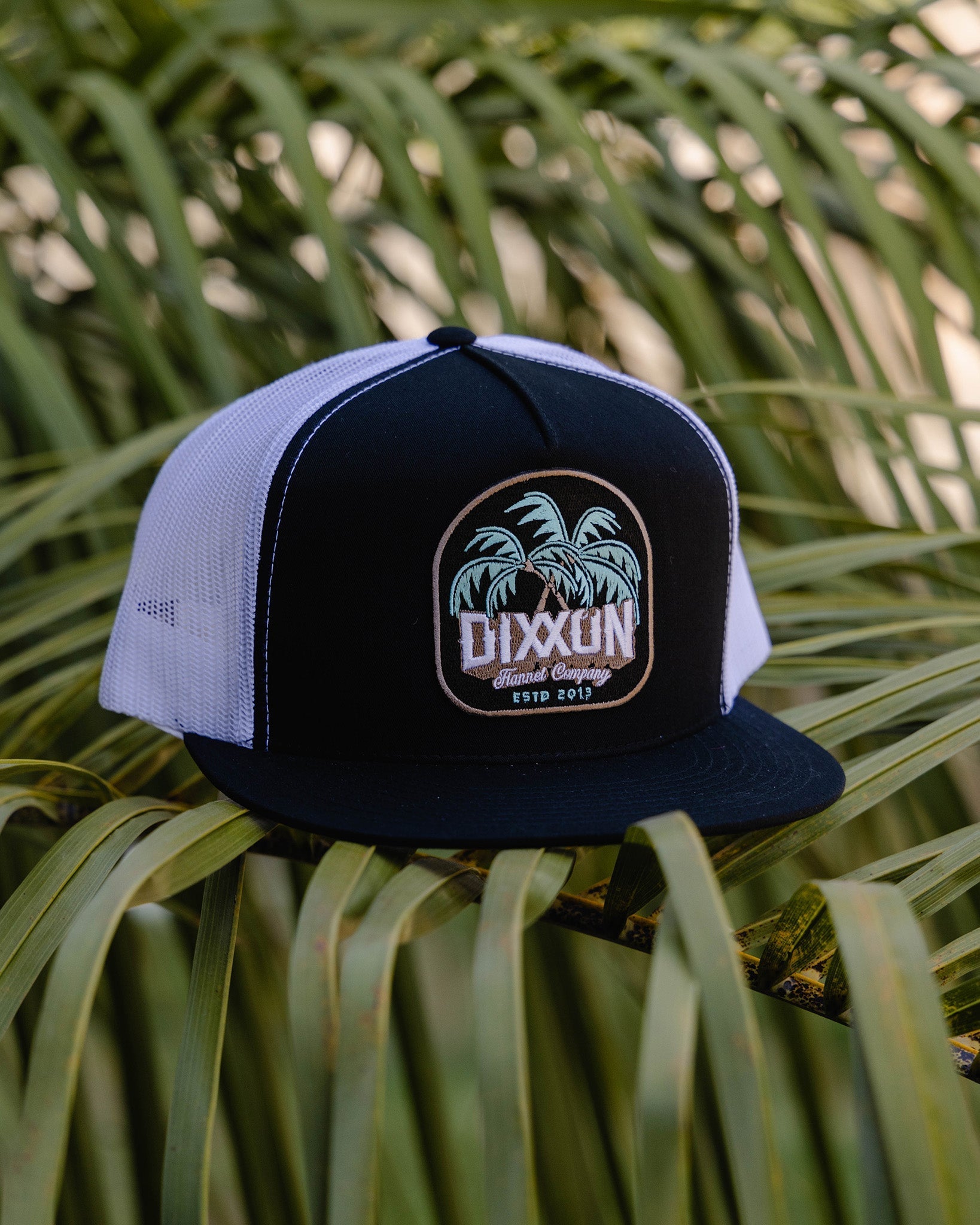 Dueling Palms Flat Bill Trucker Snapback- Black, Turquoise, & Tan