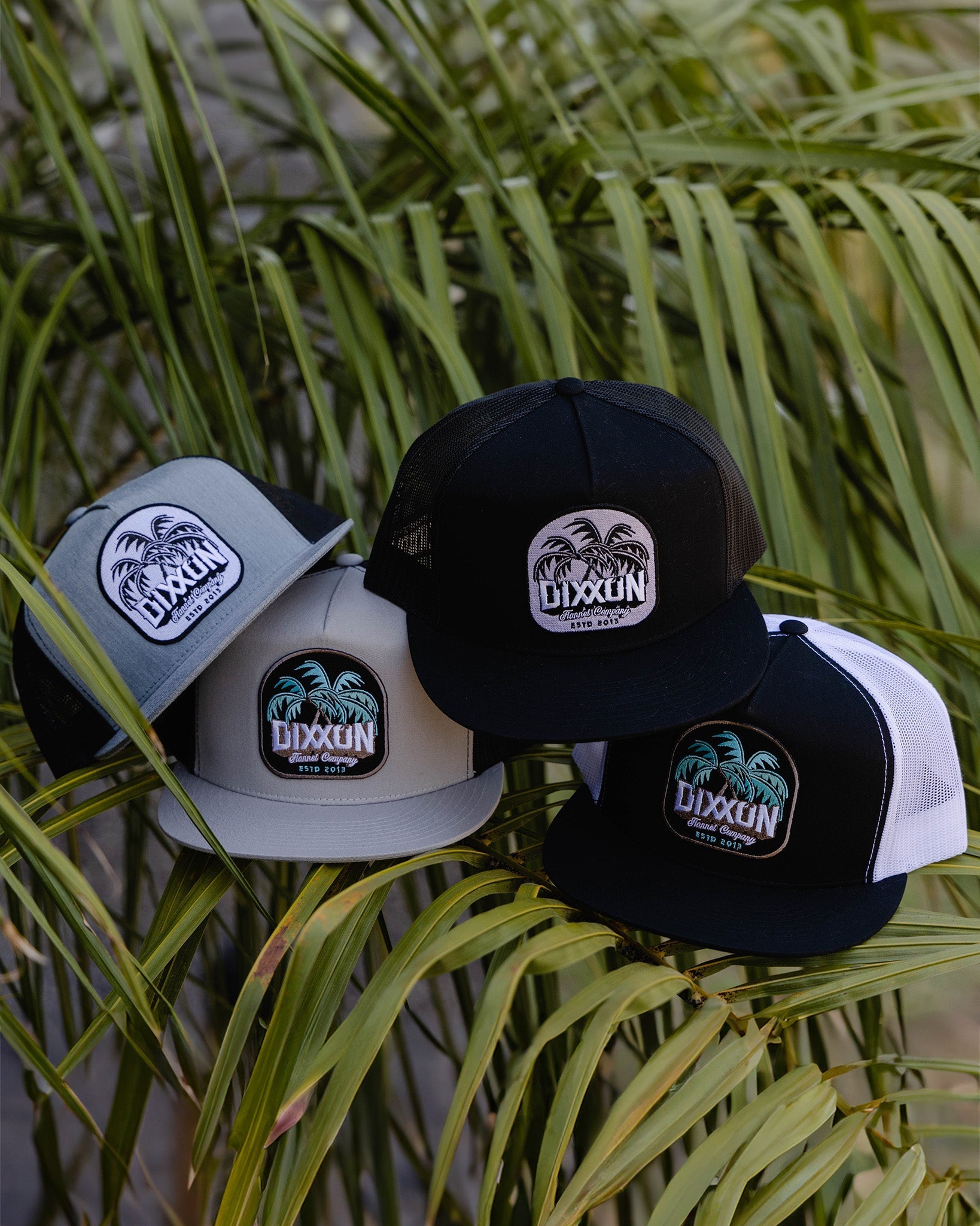 Dueling Palms Flat Bill Trucker Snapback- White & Black