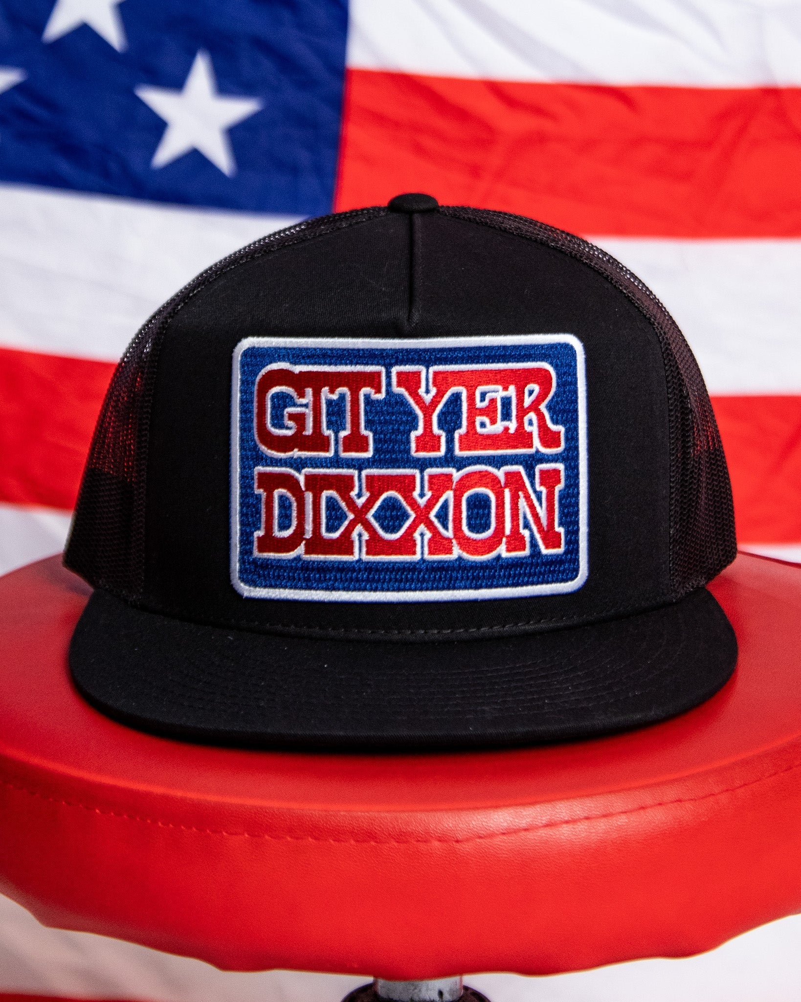 Git Yer Dixxon Flat Bill Trucker Snapback - Red, White, & Blue