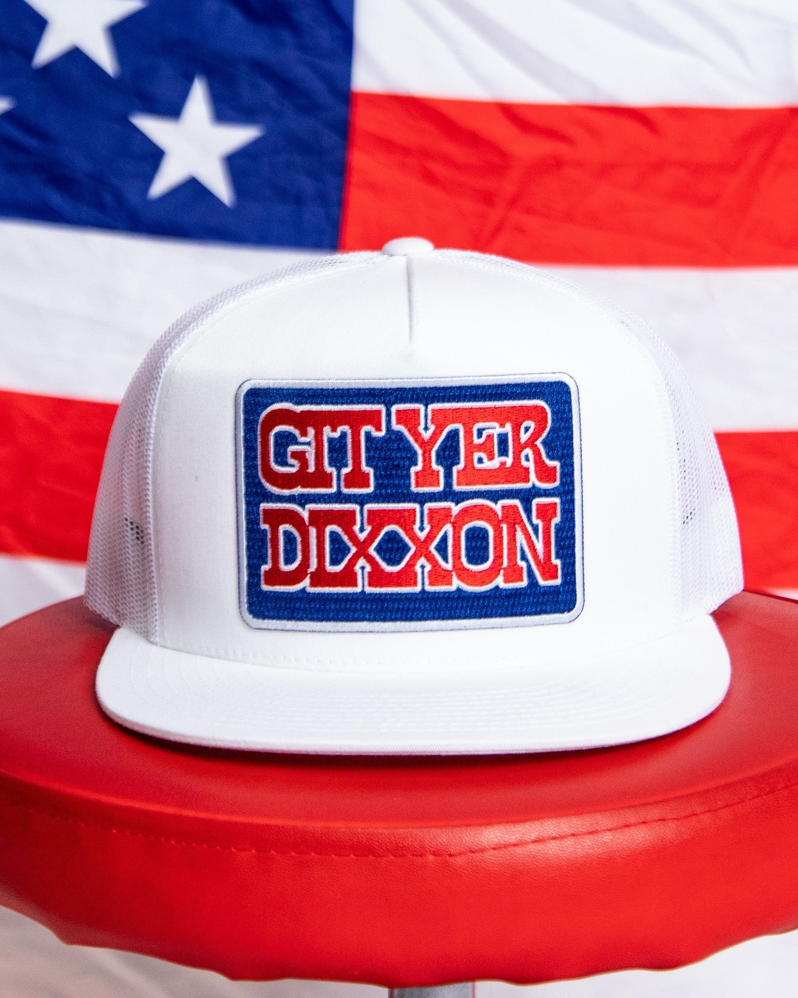 Git Yer Dixxon Flat Bill Trucker Snapback - Red, White, & Blue