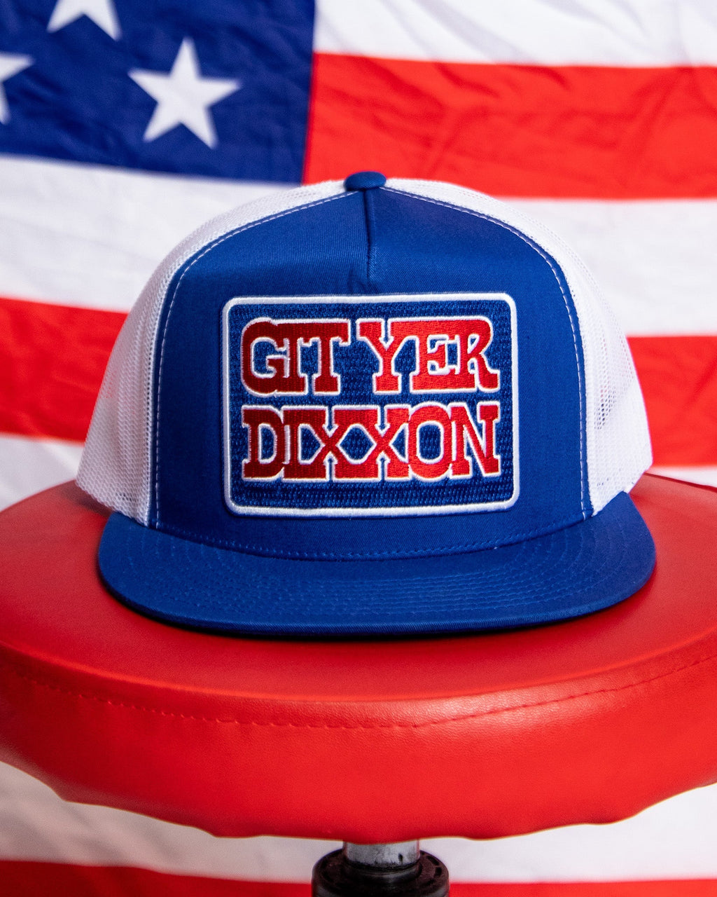 Git Yer Dixxon Flat Bill Trucker Snapback - Red, White, & Blue