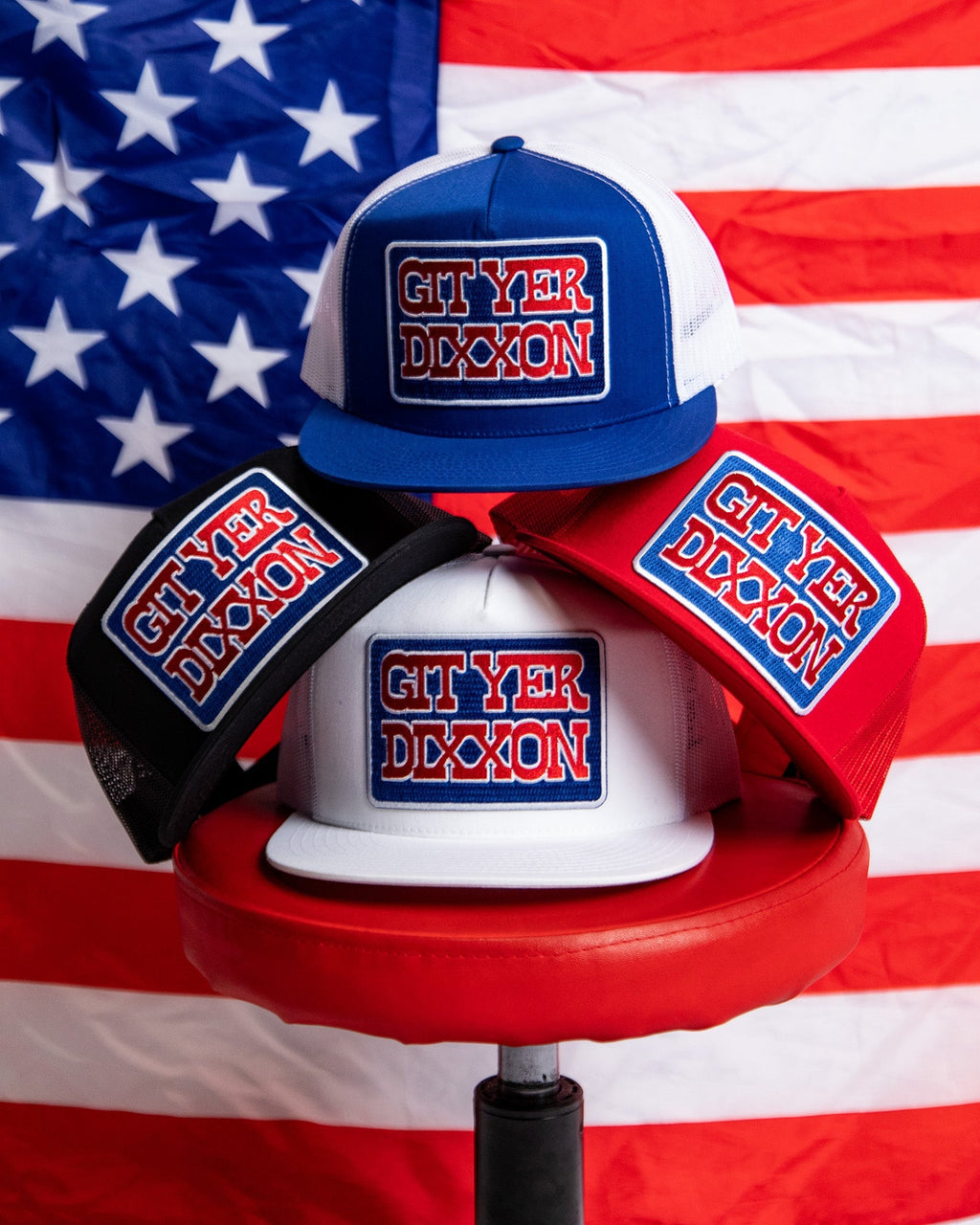 Git Yer Dixxon Flat Bill Trucker Snapback - Red, White, & Blue
