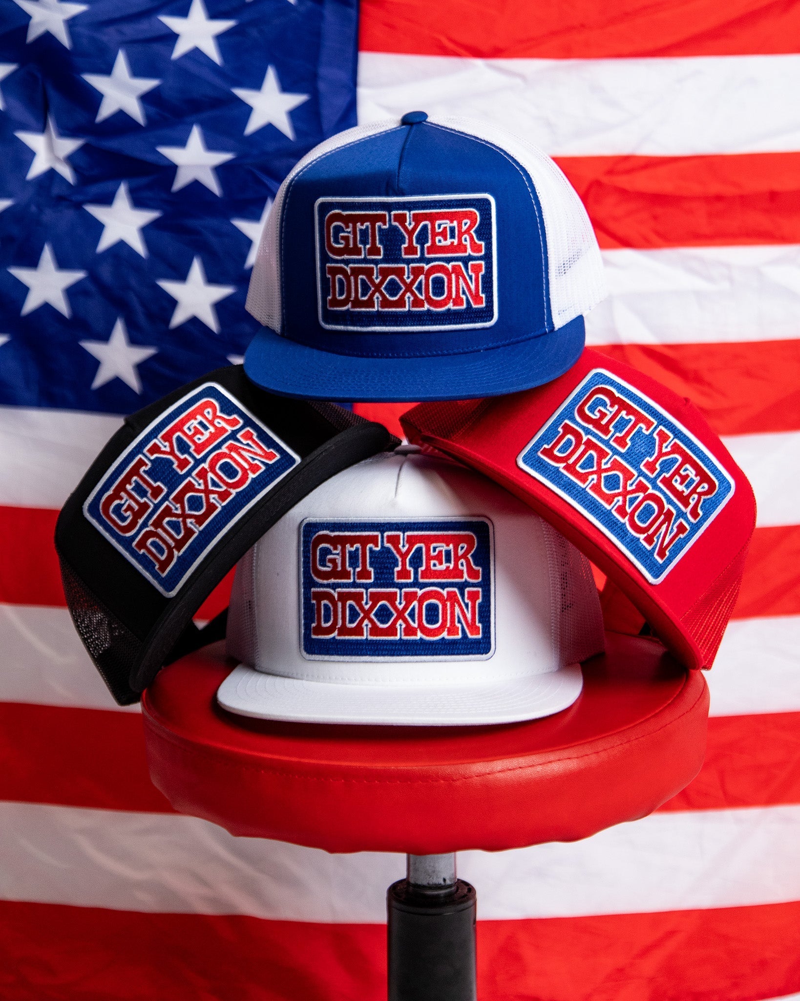 Git Yer Dixxon Flat Bill Trucker Snapback - Red, White, & Blue