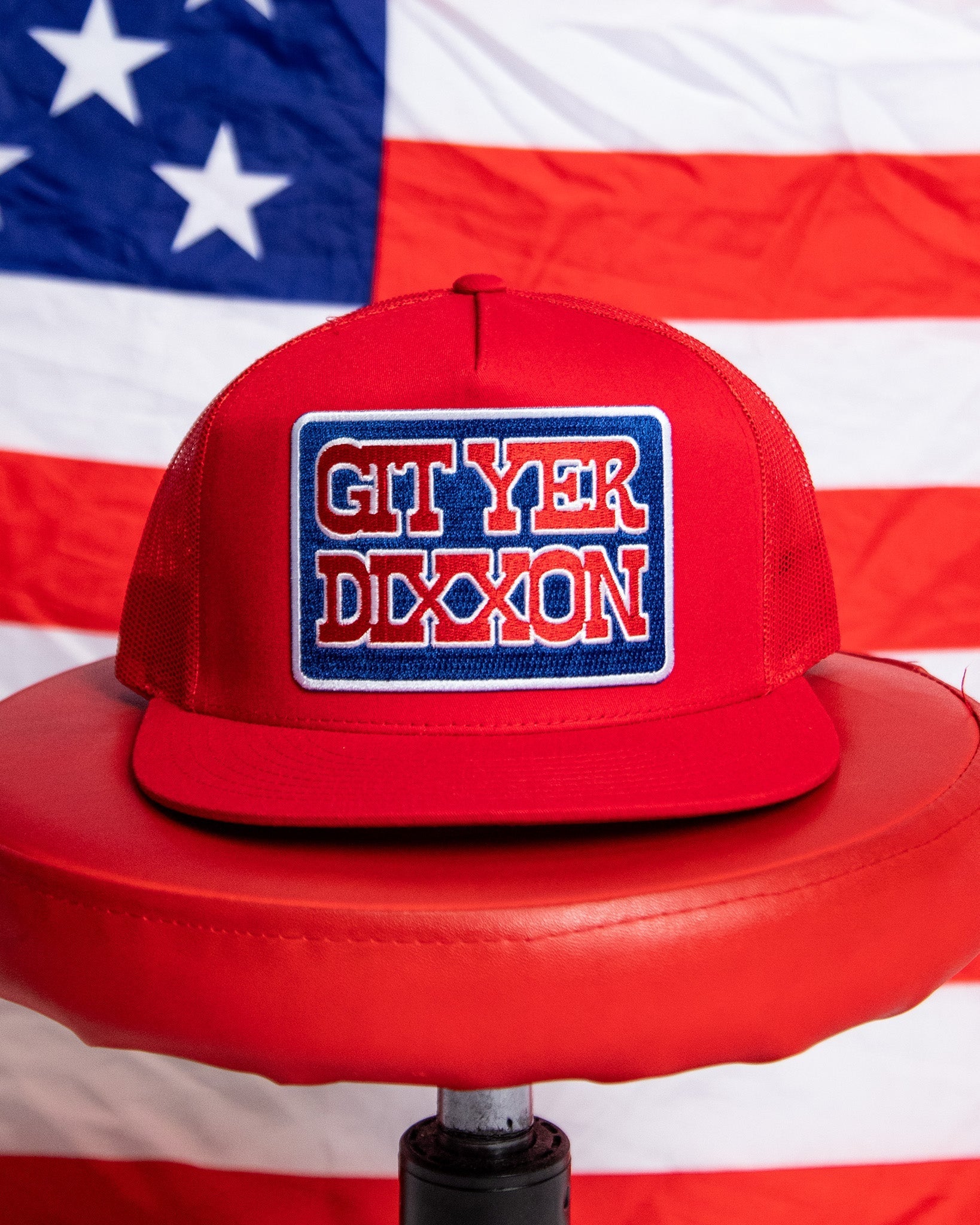 Git Yer Dixxon Flat Bill Trucker Snapback - Red, White, & Blue