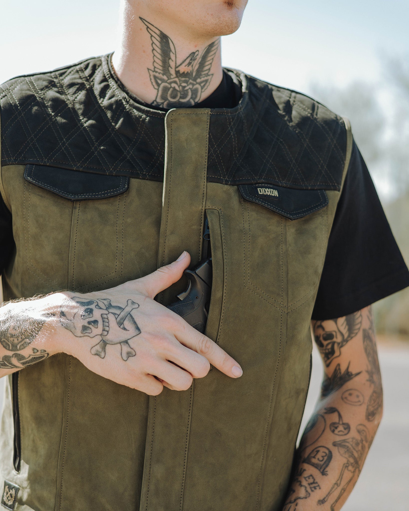 Humboldt Diamond Stitch Suede Leather Vest - Black & Olive Green