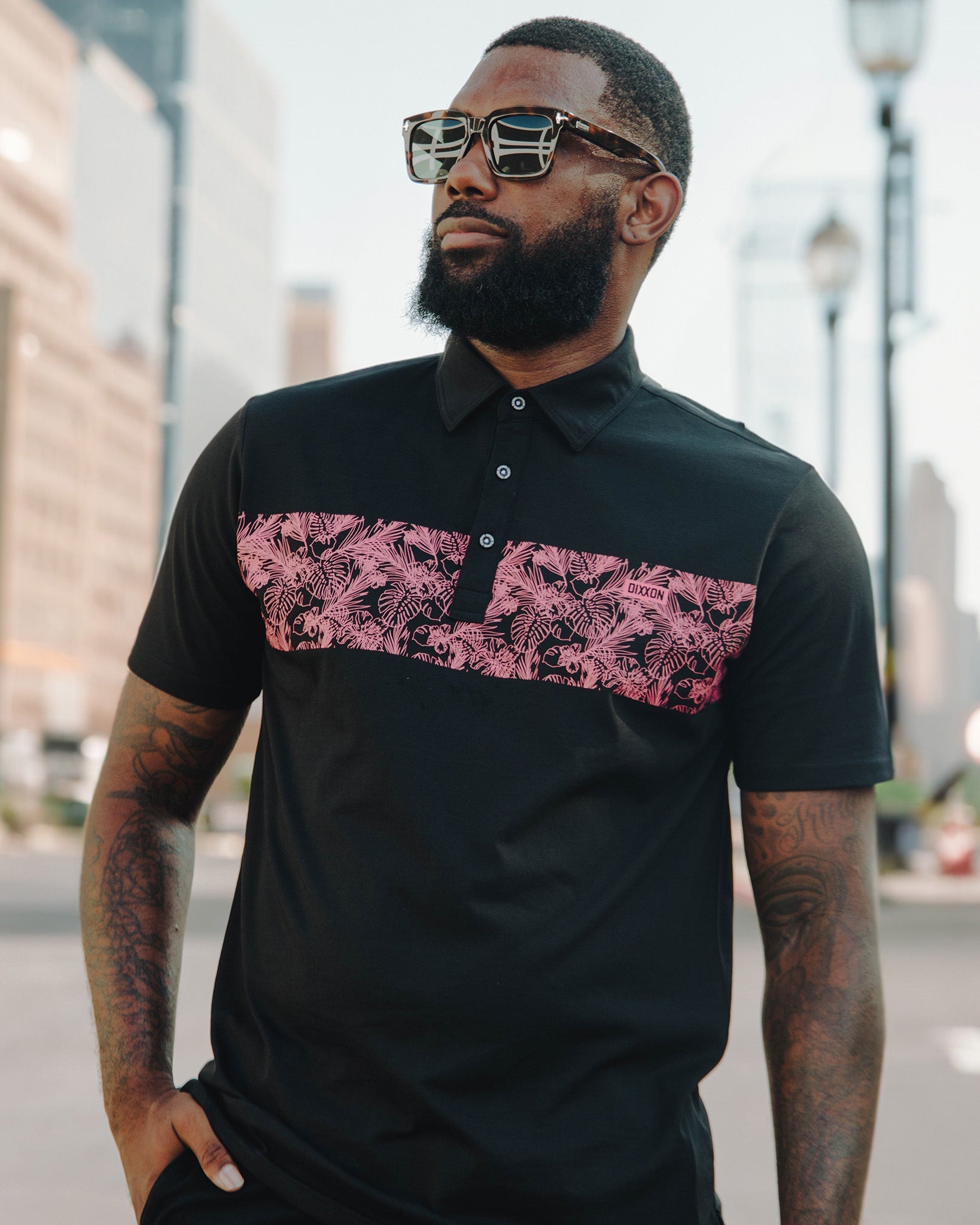 Coral Floral Premium Polo - Black