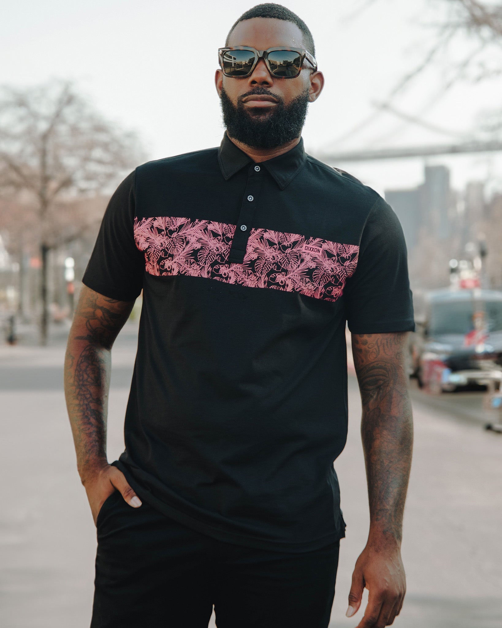 Coral Floral Premium Polo - Black