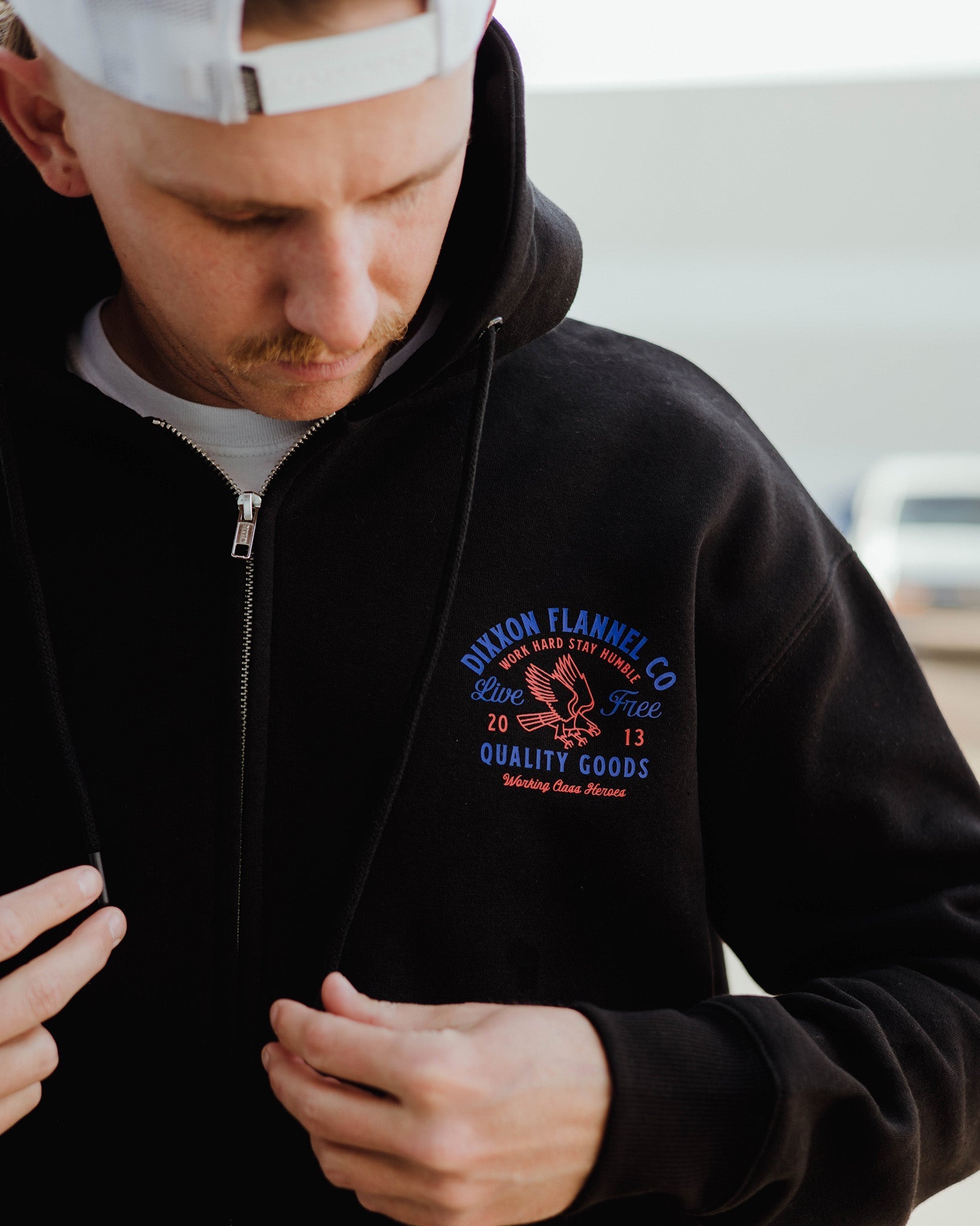 Red & Blue Quality Goods Zip Up Hoodie - Black