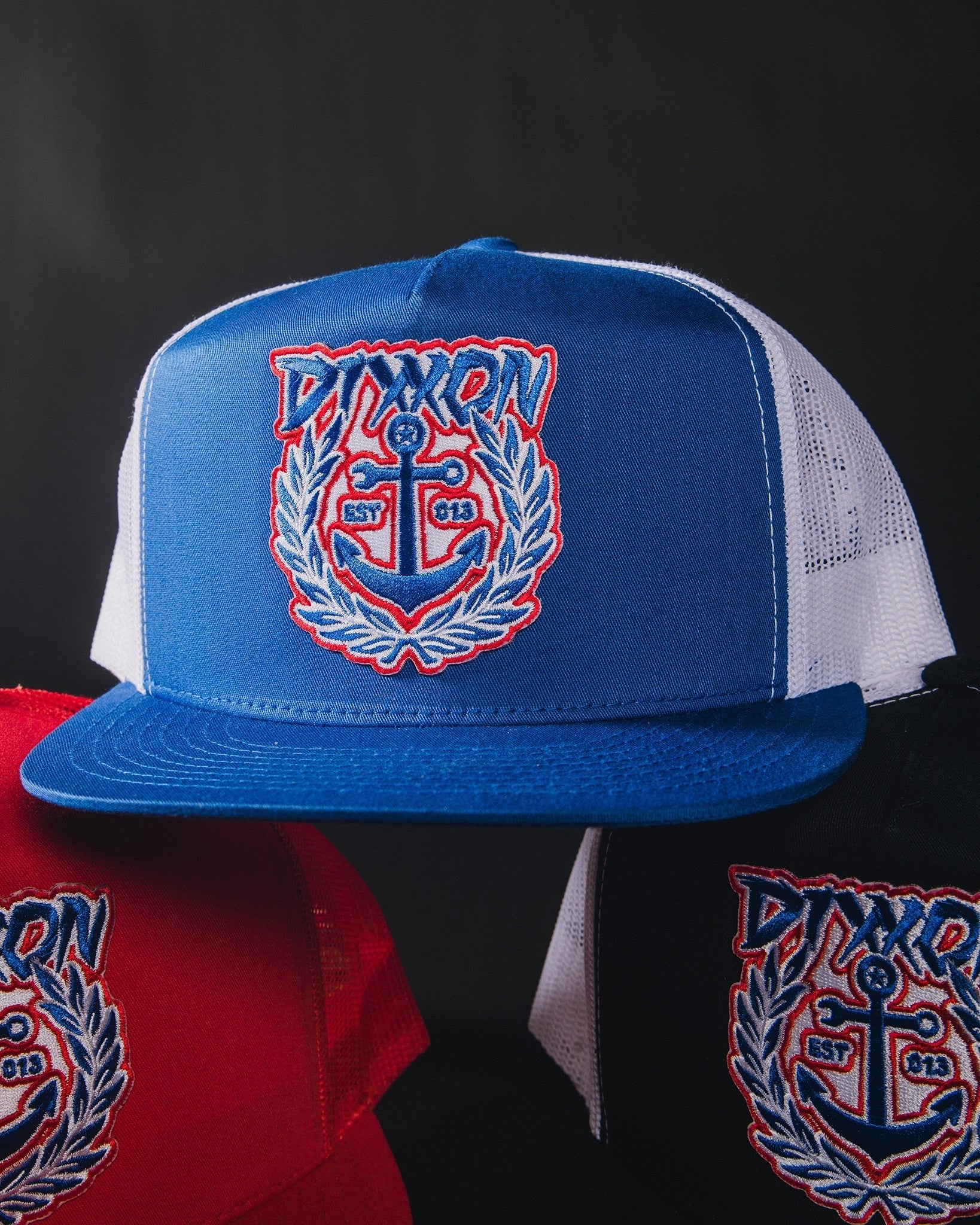 Salty Crest Flat Bill Trucker Snapback - Red, White, & Blue