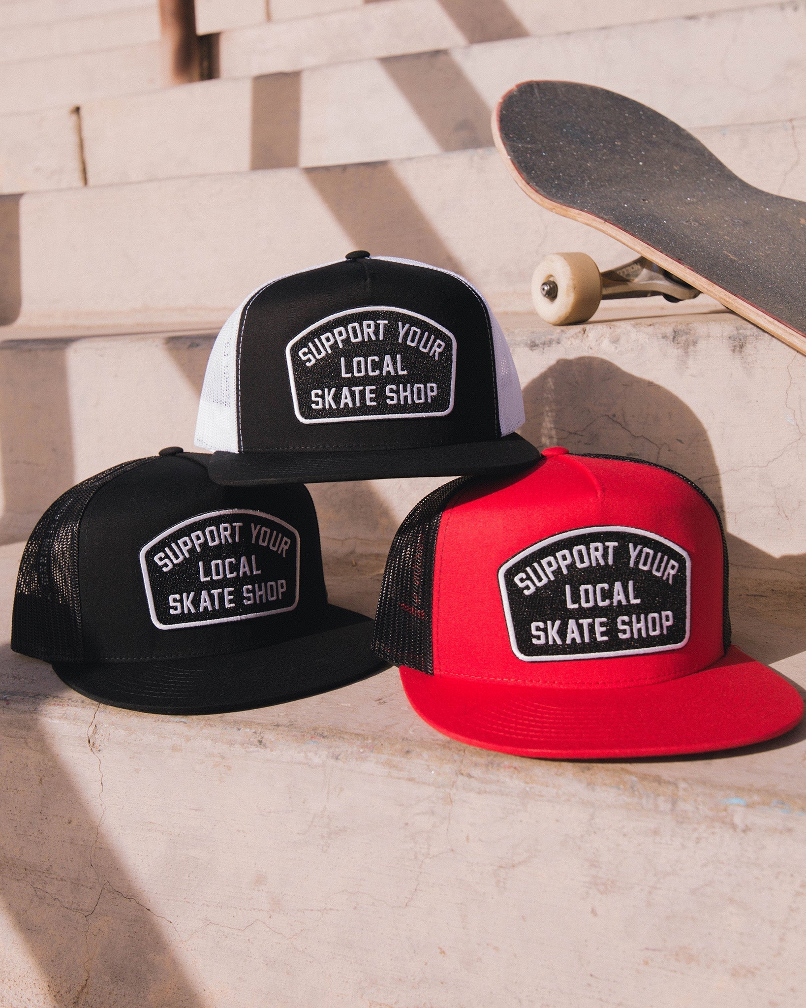 Support Your Local Skate Shop Flat Bill Trucker Snapback
