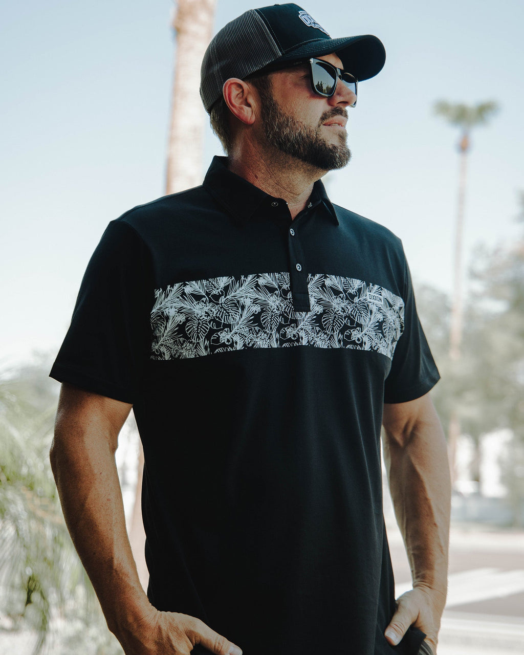 White & Black Floral Premium Polo - Black