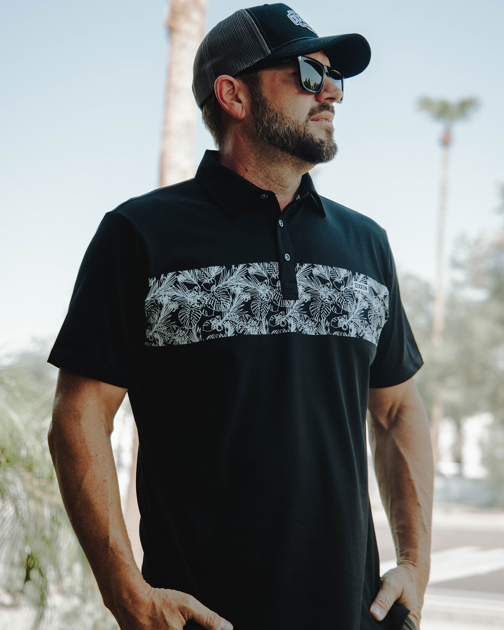 White & Black Floral Premium Polo - Black