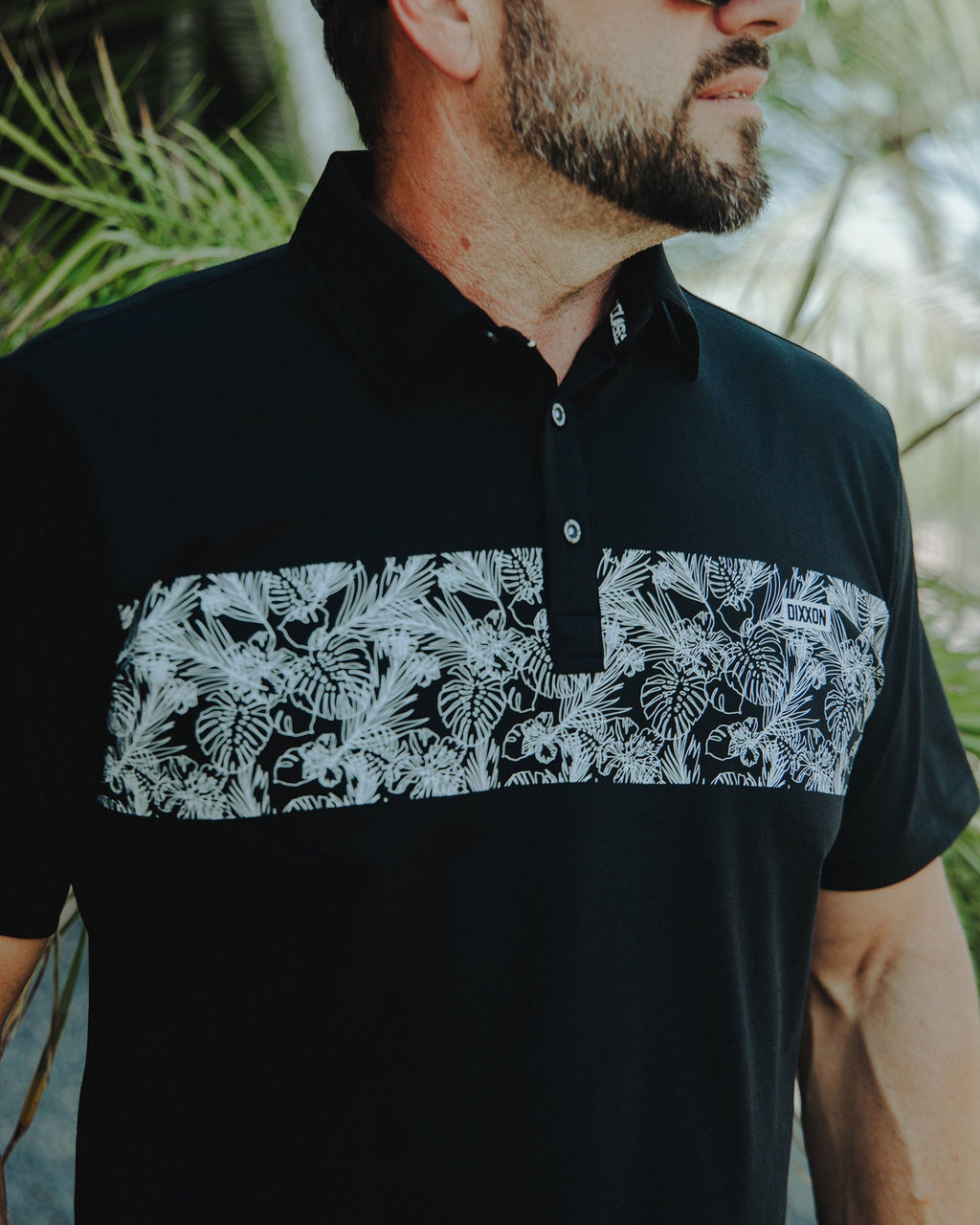 White & Black Floral Premium Polo - Black