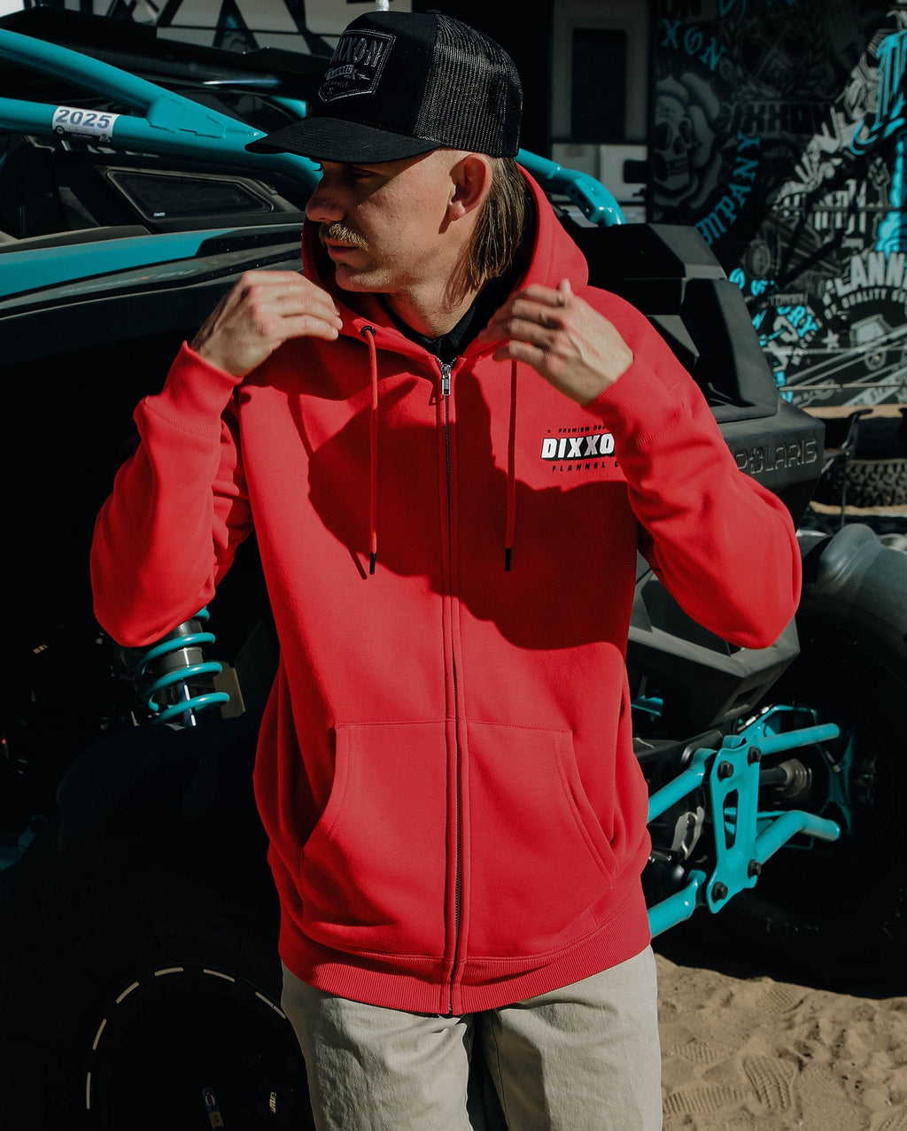 Black & White Grille Zip Up Hoodie - Red