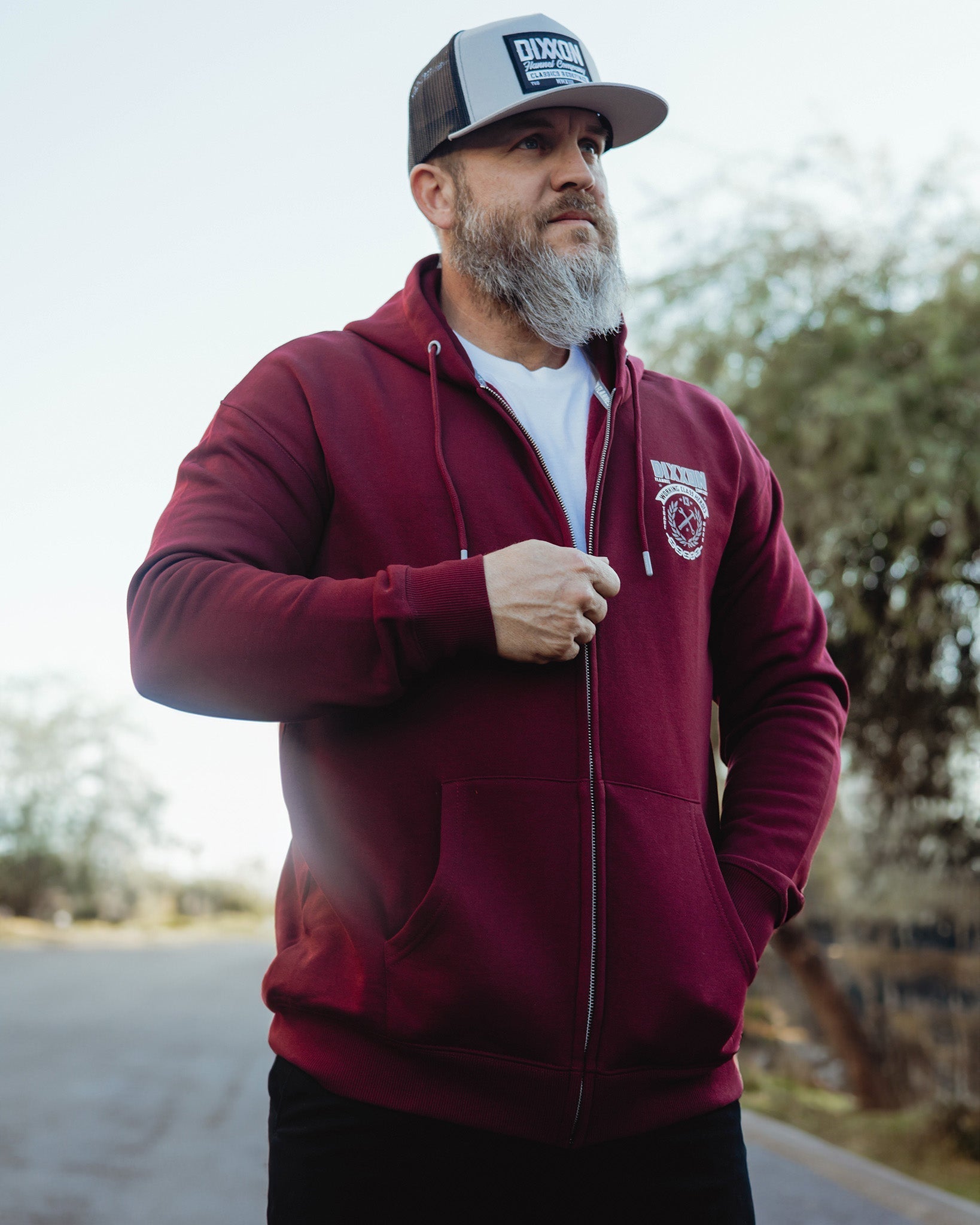 White & Gray Weld Zip Up Hoodie - Maroon