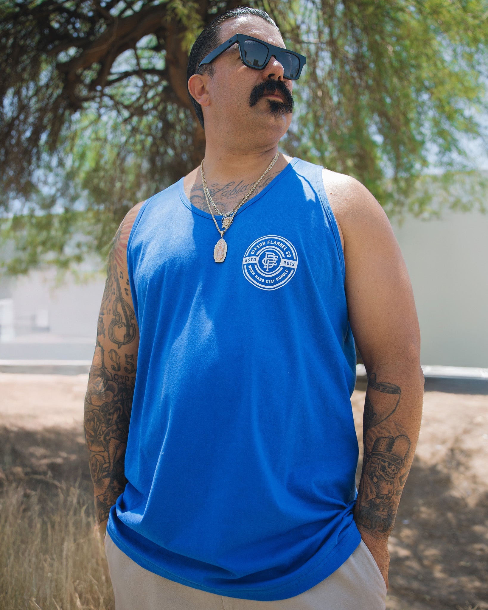 White Work Hard Badge Tank - Blue