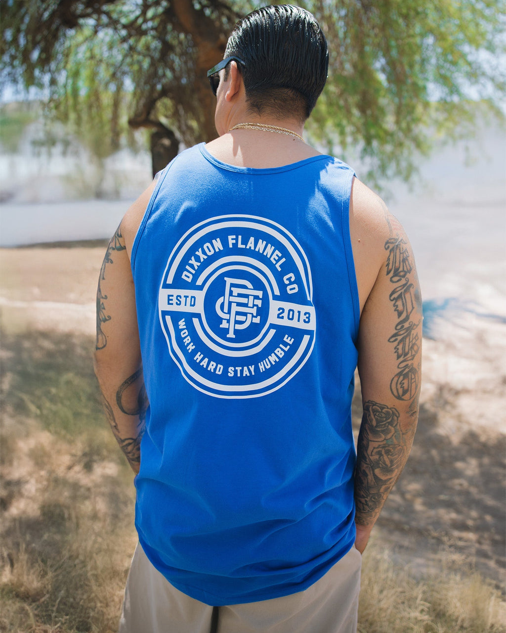White Work Hard Badge Tank - Blue