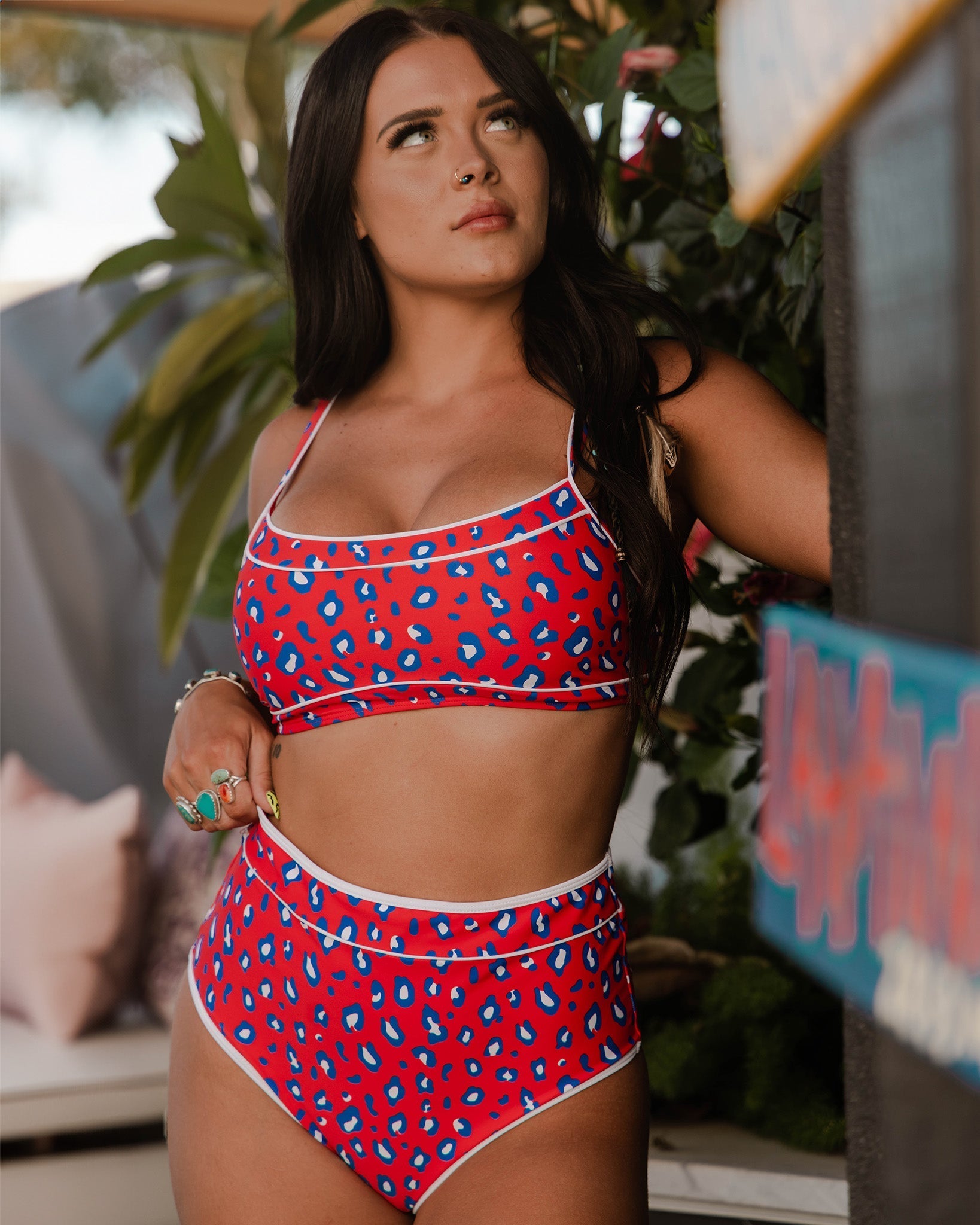 Women's Coastline Bikini Top - Red, White, & Blue Leopard