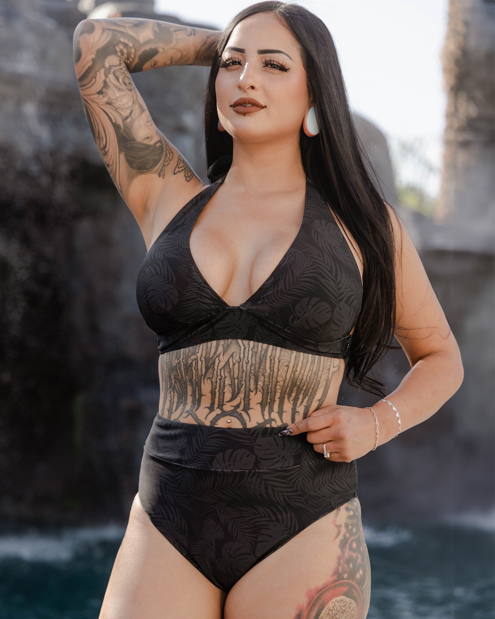 Women's Essential High Waisted Bikini Bottom - Black Corcovado Camo