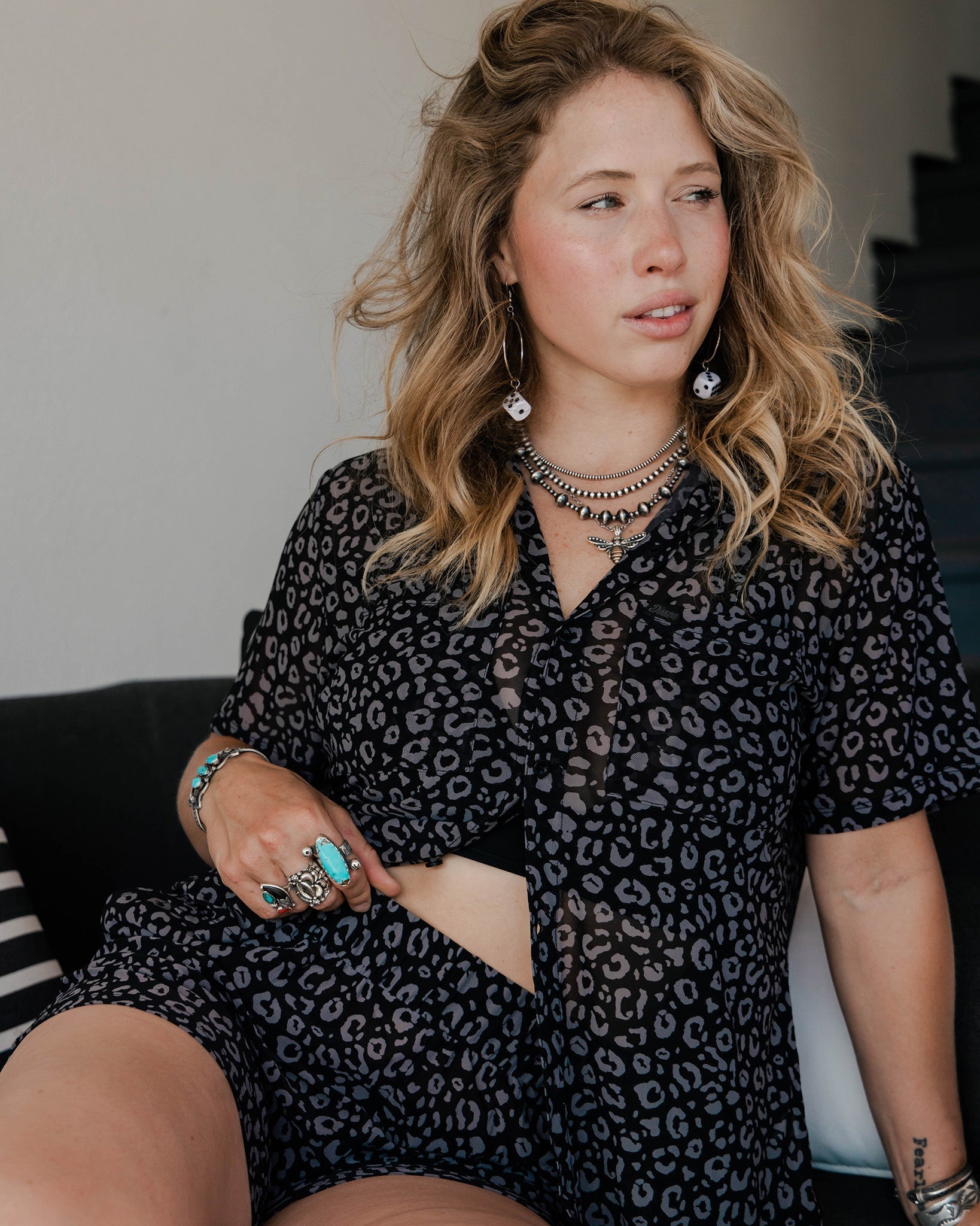 Women's Mesh Cover Up Button Up - Black Leopard