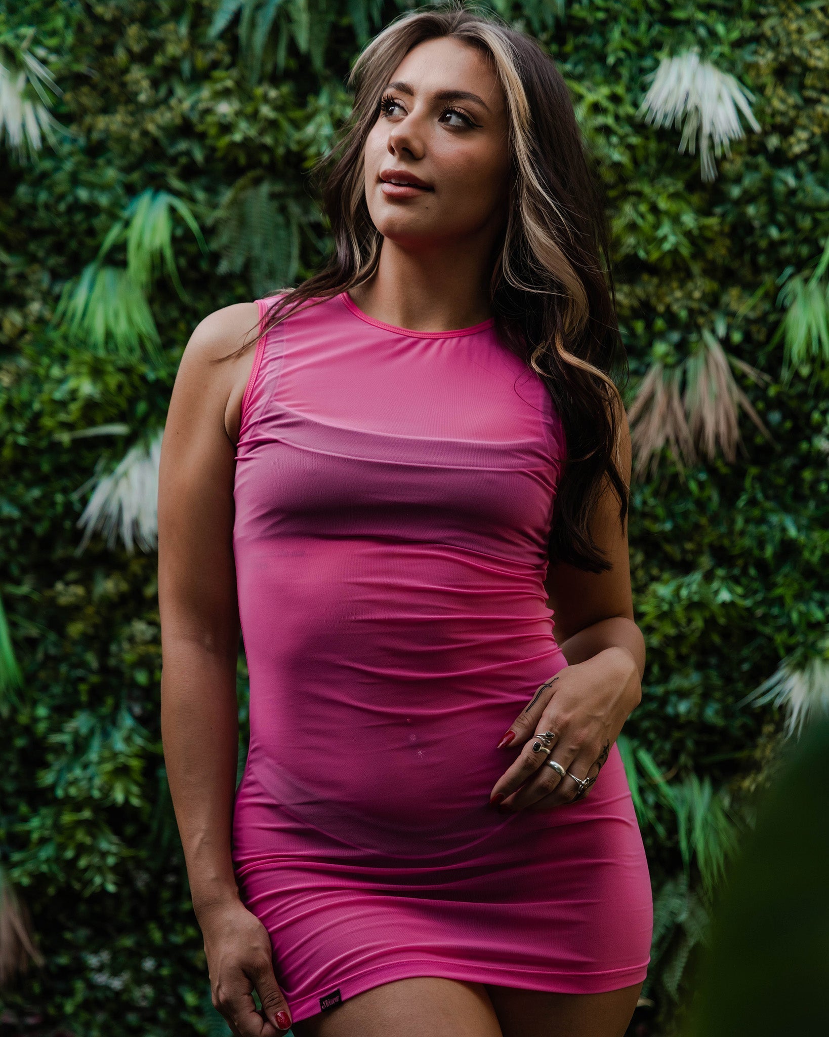 Women's Mesh Cover Up Dress - Hot Pink