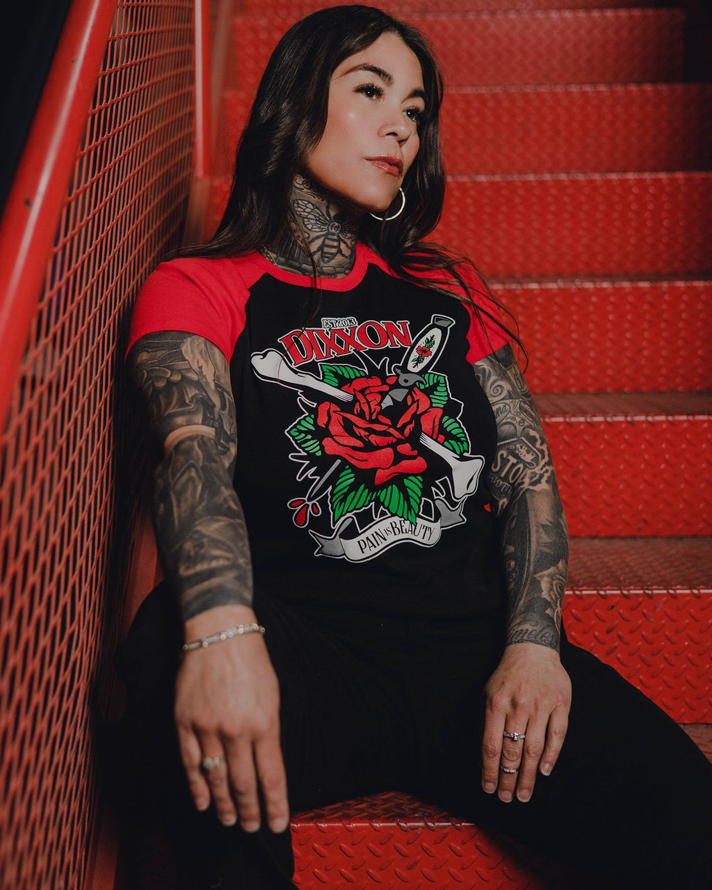 Women's Pain Is Beauty Raglan Tee - Black & Red