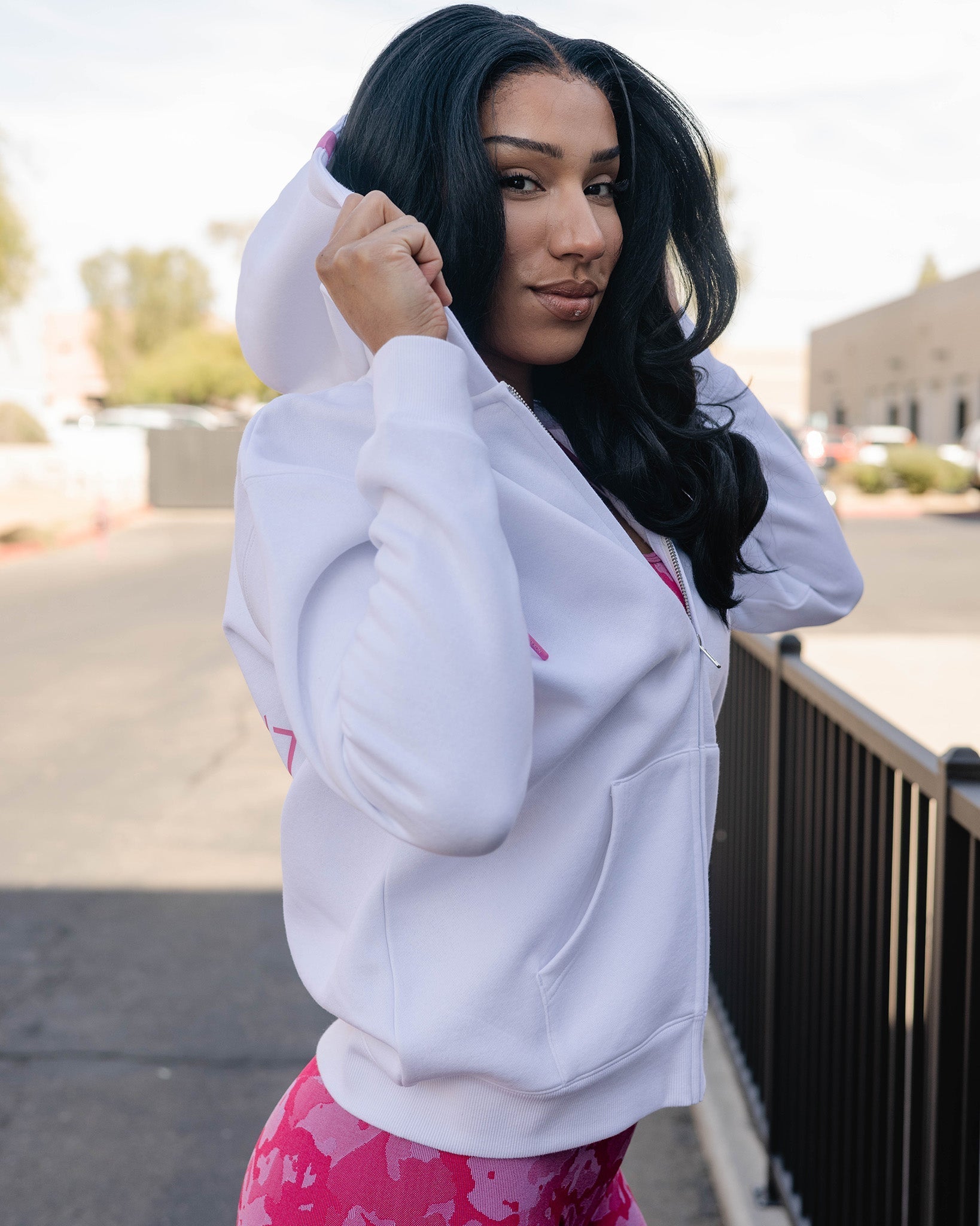 Women's Pink Stardust Zip Up Hoodie - White