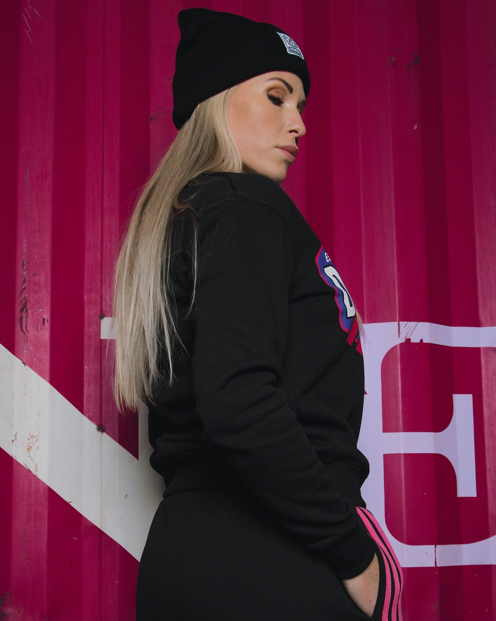 Women's Pink Stripes Crewneck Sweatshirt - Black