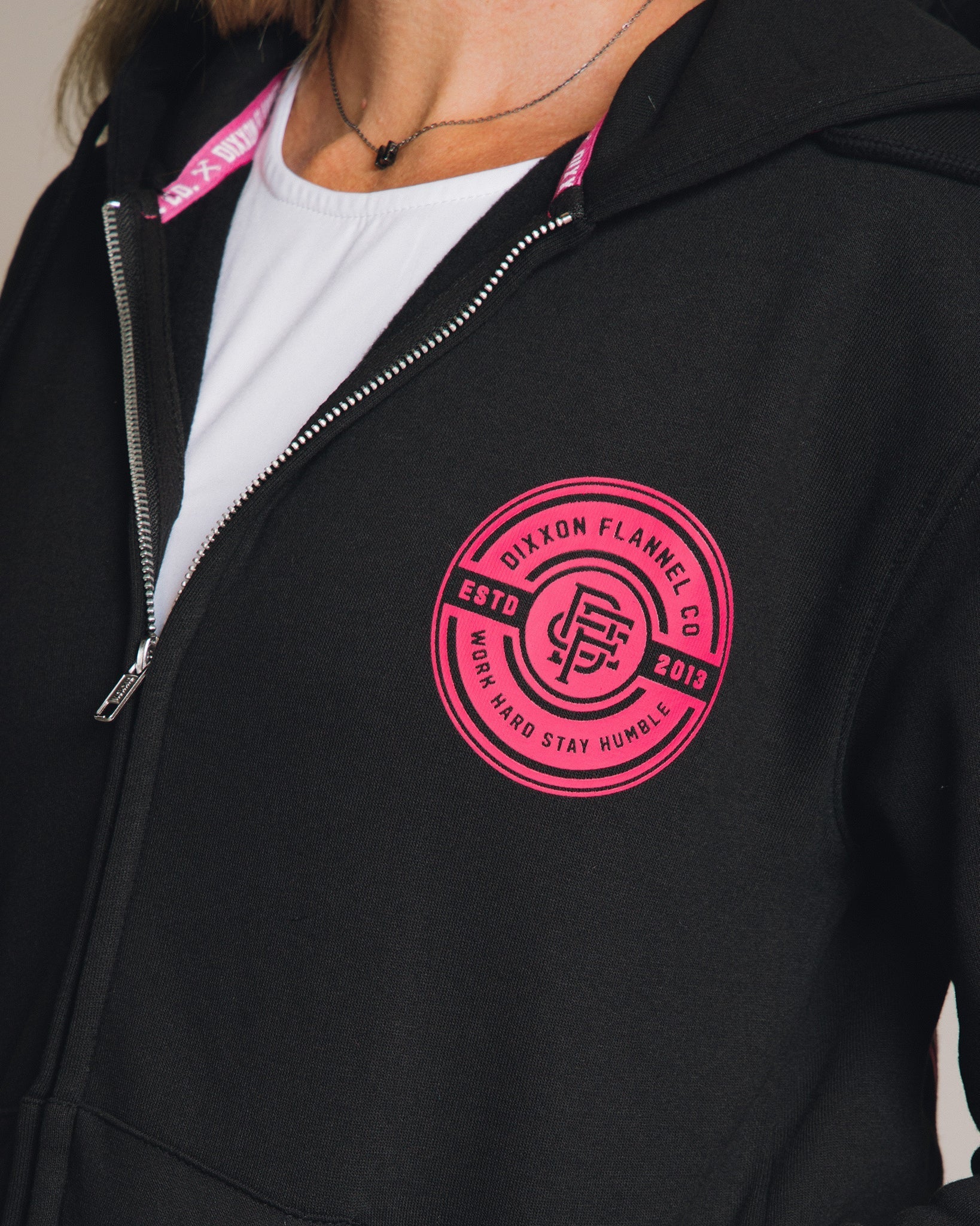 Women's Pink Work Hard Badge Zip Up Hoodie - Black