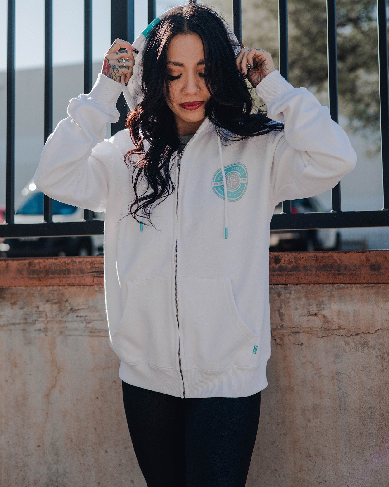 Women's Tiffany Work Hard Badge Zip Up Hoodie - White