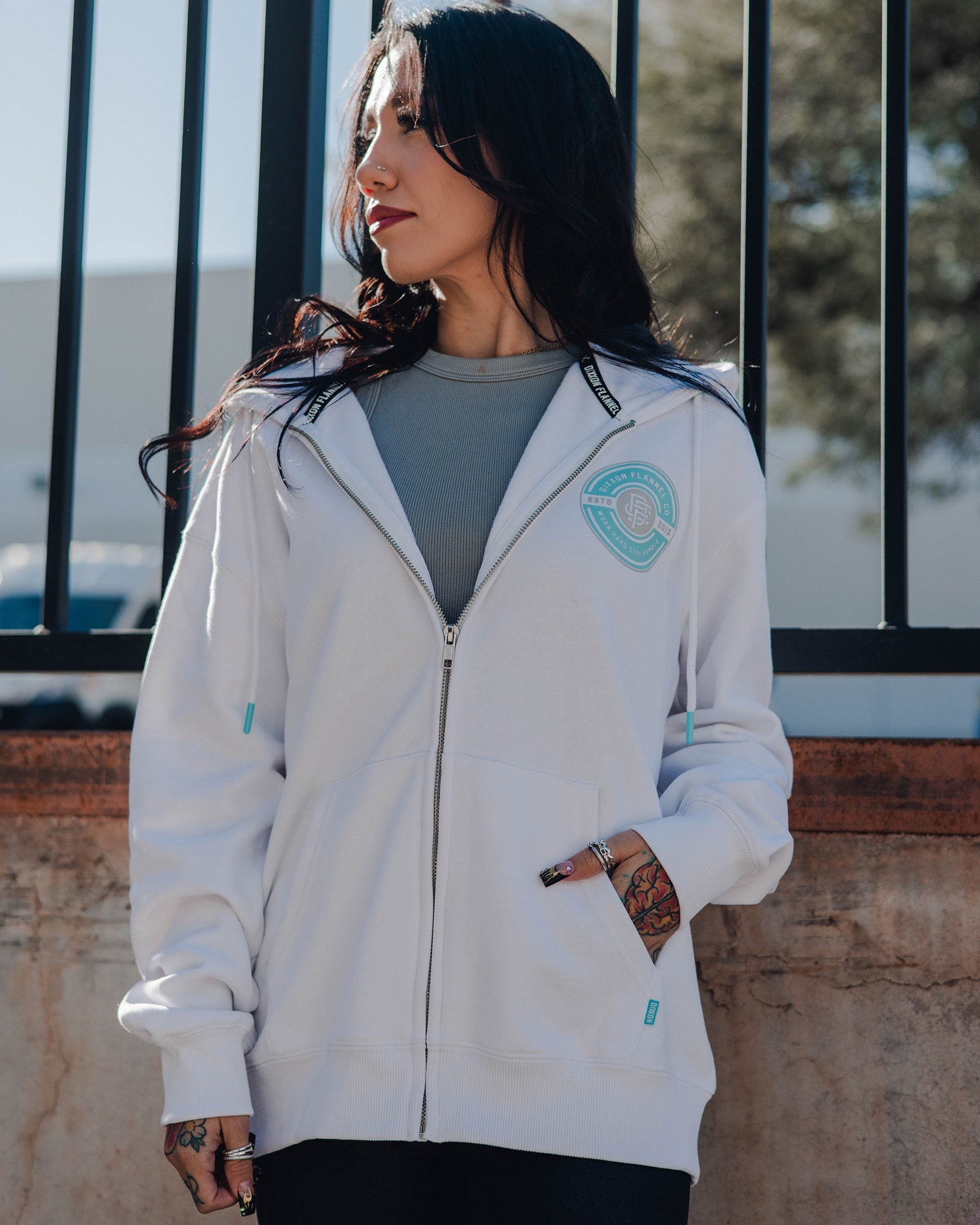 Women's Tiffany Work Hard Badge Zip Up Hoodie - White
